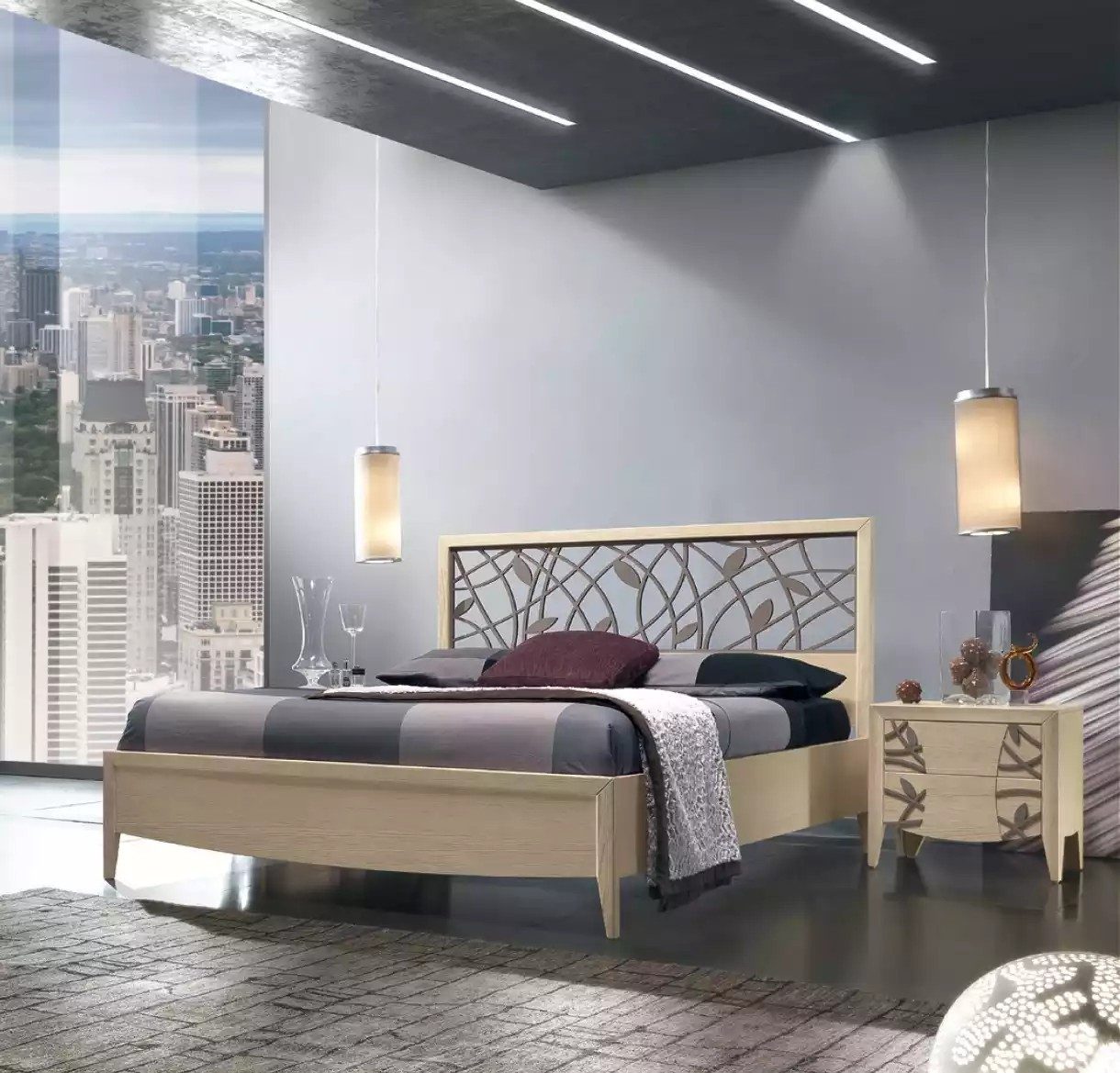 Schlafzimmer-Set Beige Schlafzimmermöbel mit Bett und Nachttischen aus Holz