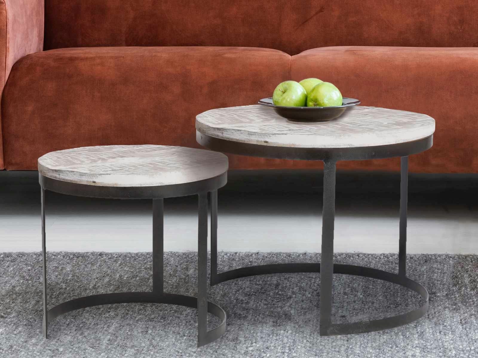 Casamia Beistelltisch Couchtisch 2er Set Beistelltisch Wohnzimmer-Tisch rund Austin Metall-G weiß gekälkt