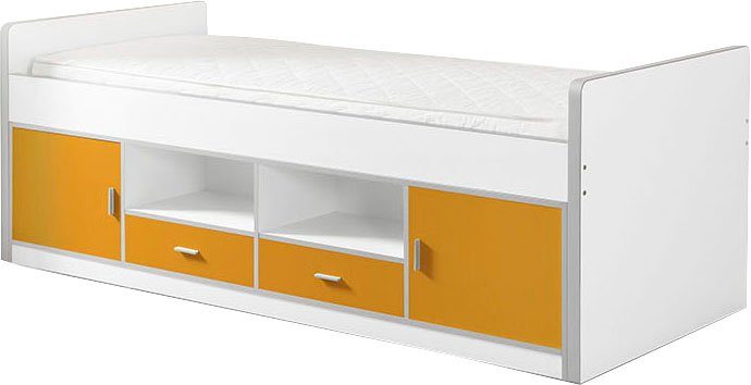 Stauraum Liegefläche cm Bett, Bonny, unter Einzelbett 90x200 Komfort Liegehöhe, Weiß/Orange mit Vipack dem