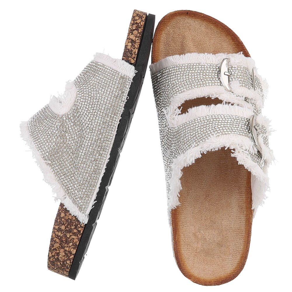Ital-Design Glamouröse Damen Sandalen mit Strass und Korkfußbett Pantolette (91512386) Flach Pantoletten in Weiß