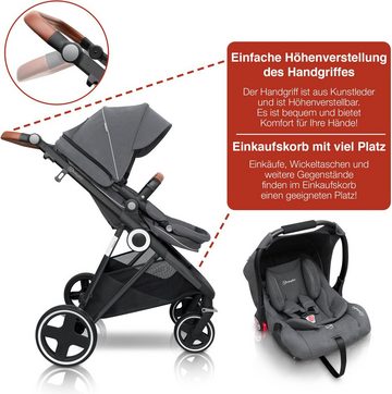 BabyGo Kombi-Kinderwagen Halime 3in1, Grey Black, inklusive Babywanne, Babyschale, Regenhaube & Wickeltasche