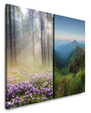 Sinus Art Leinwandbild 2 Bilder je 60x90cm Waldblumen Wald Bäume Berglandschaft Berge Alpen Lichtstrahlen