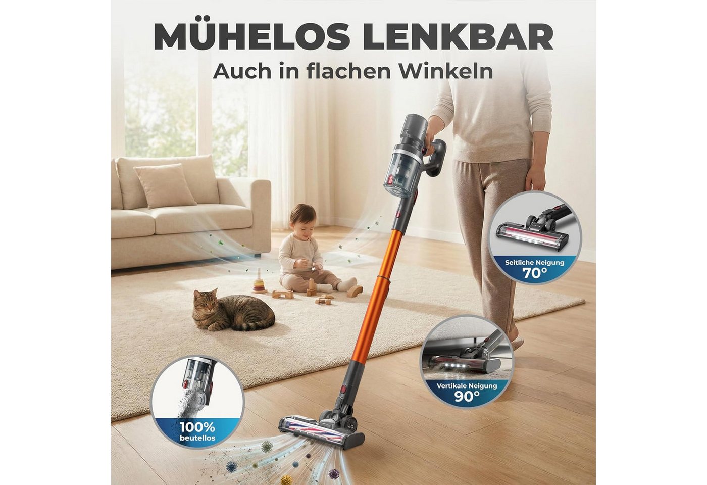KLAMER Akku-Hand-und Stielstaubsauger 2-in-1 kabellos mit 60 Min Laufzeit, Handstaubsauger für Teppich, Har…, 460 W, beutellos, 2in1 Funktion, LED-Bodenkopfbeleuchtung, Wandhalterung, 3 Aufsätze