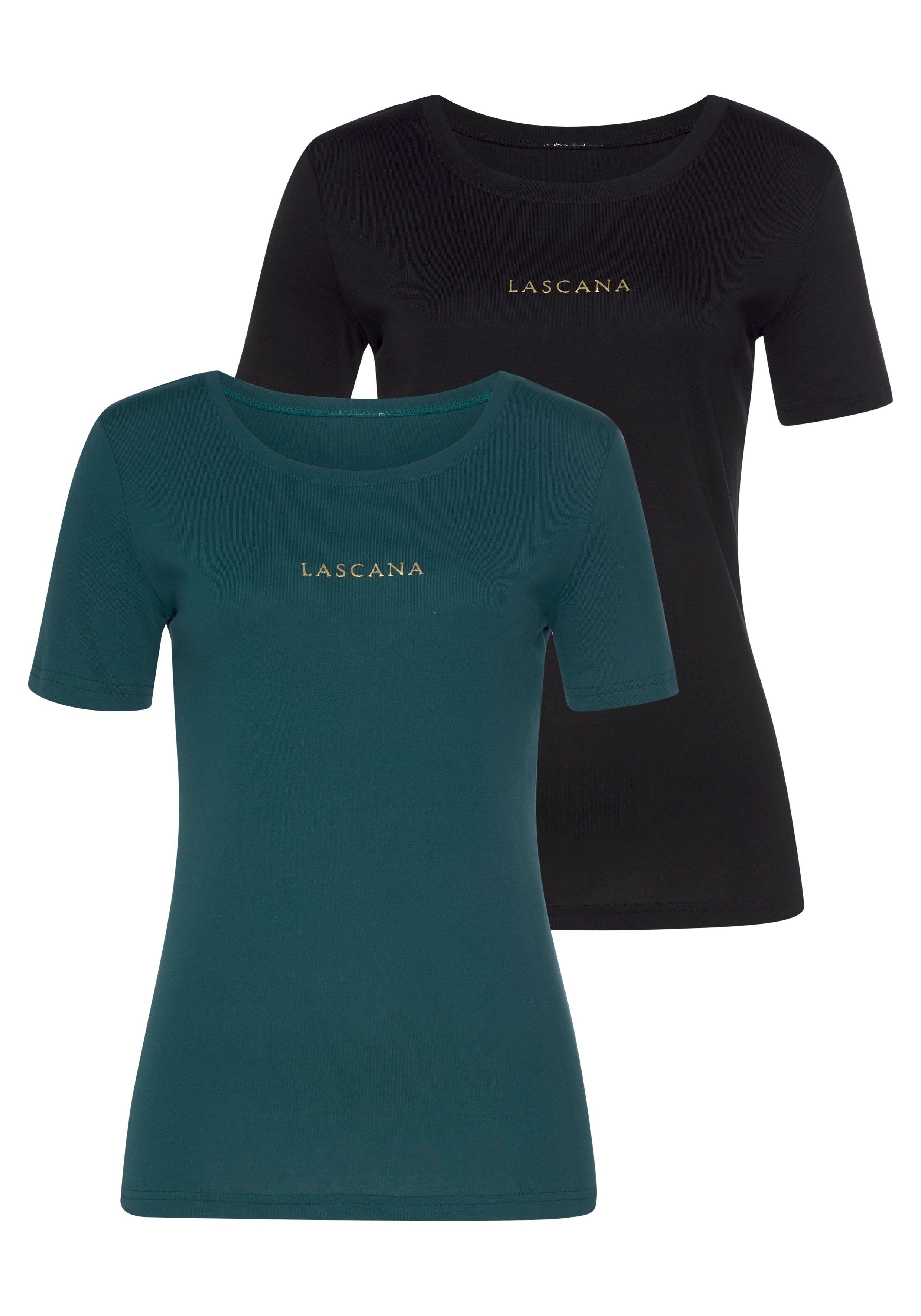 LASCANA T-Shirt (2er-Pack) mit goldenem Logodruck | OTTO