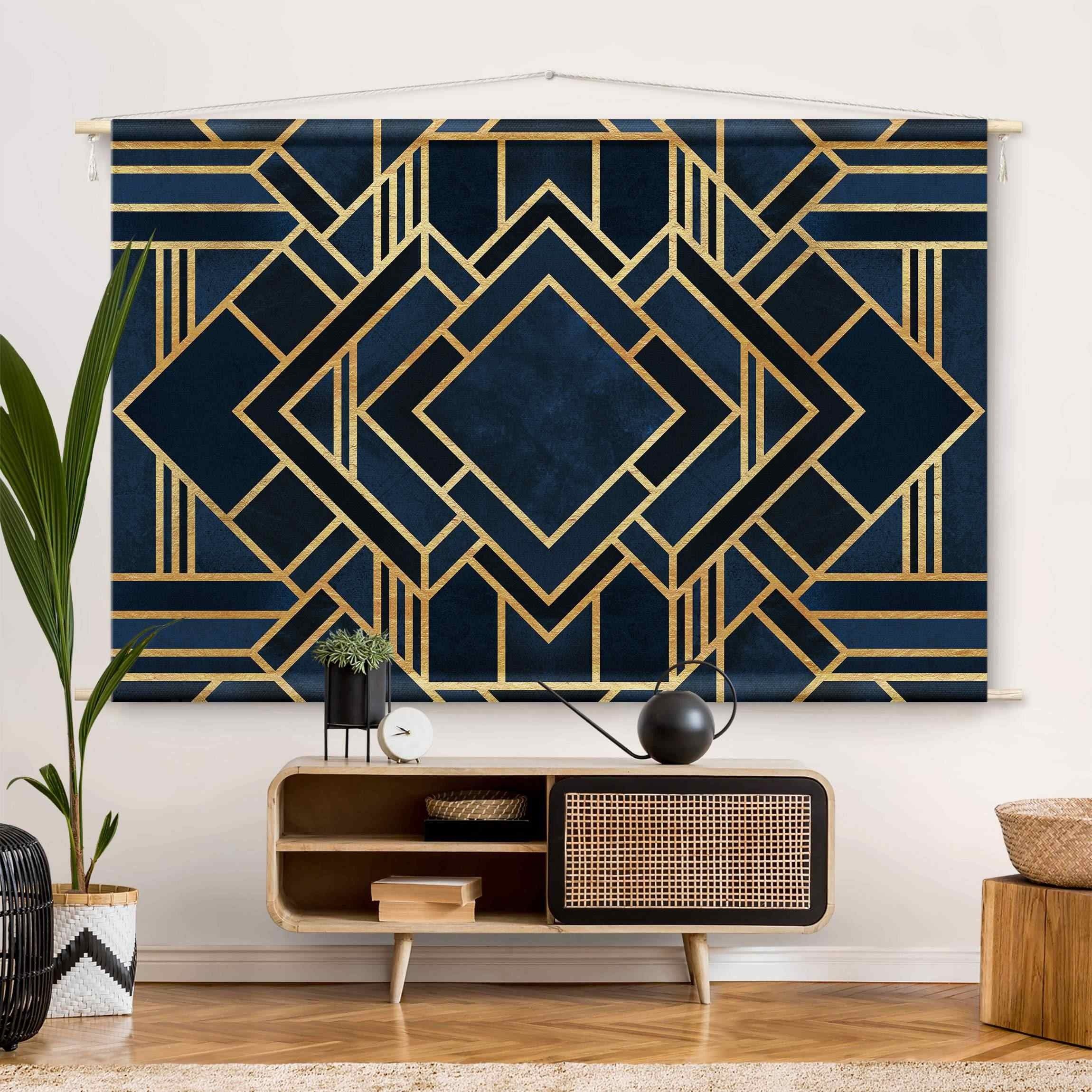 Bilderdepot24 Wandteppich modern Muster Abstrakt Aquarell Geometrisch gold, rechteckig, Höhe: 2.6 mm, großes Wandbild aus Natur-Baumwolle Wandbehang Stoffbild Tuch Wollseil