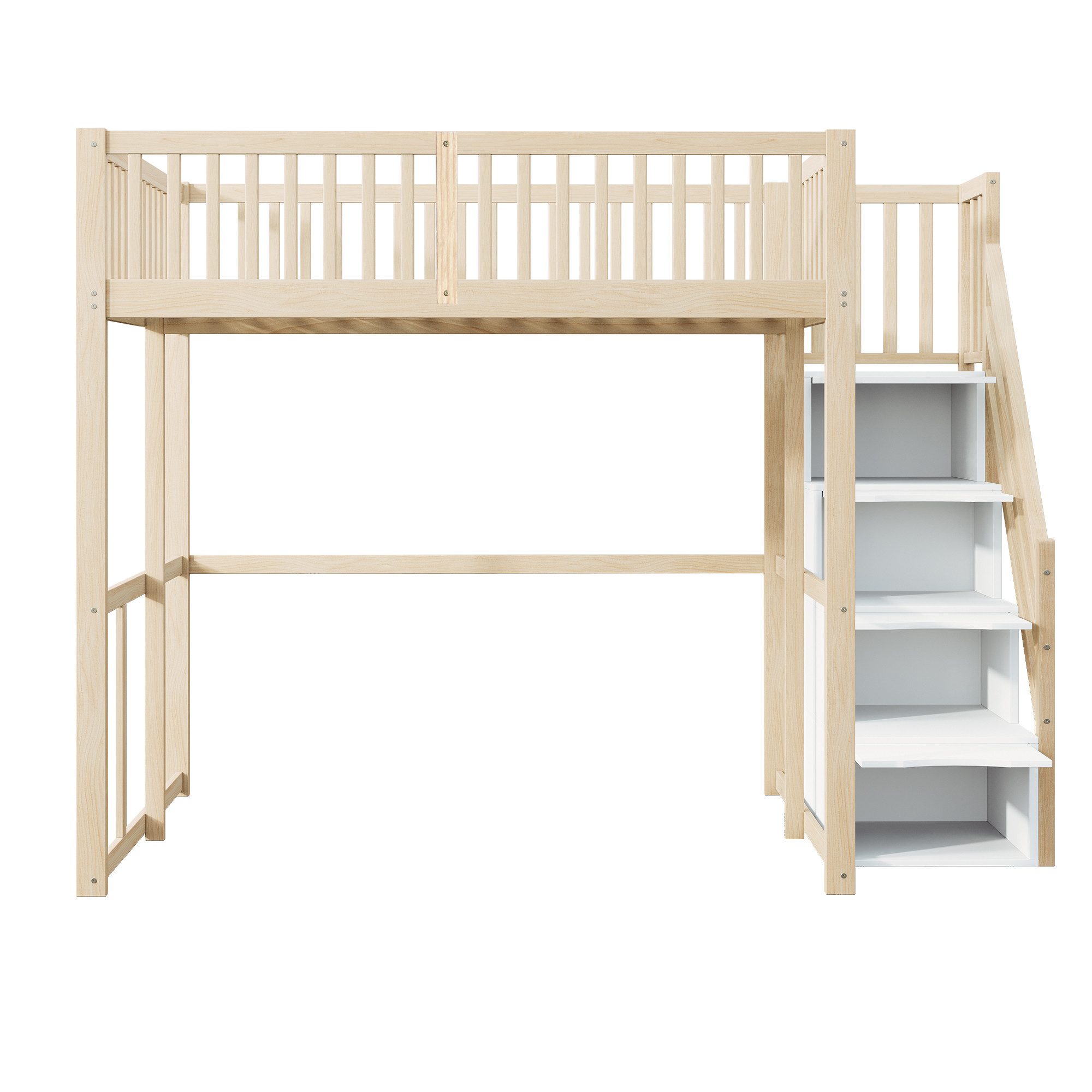 Flieks Hochbett Massivholz Kinderbett Einzelbett 140x200cm mit Stauraumtreppe