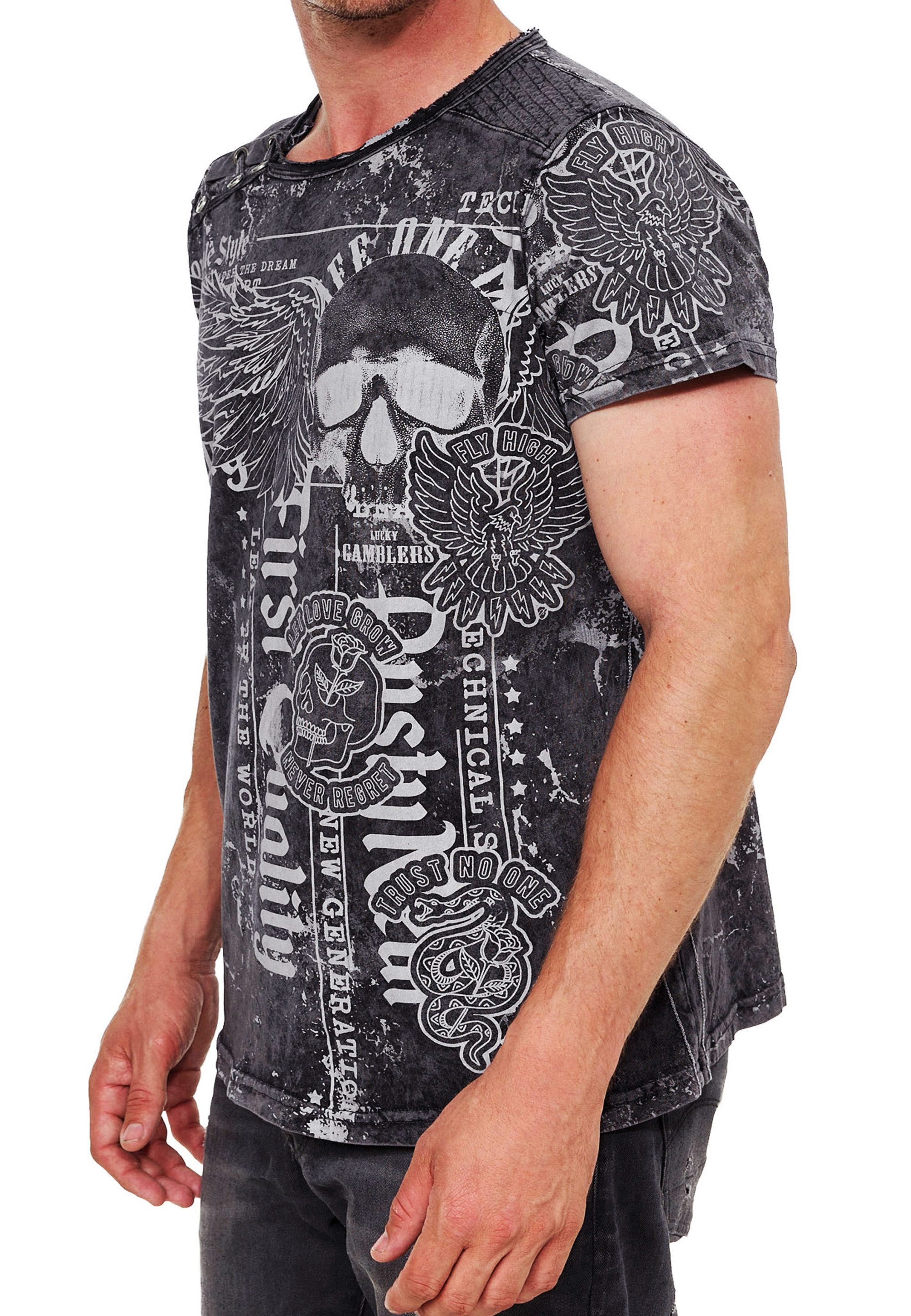 R-NEAL T-Shirt Skull Print Oil Washed günstig online kaufen