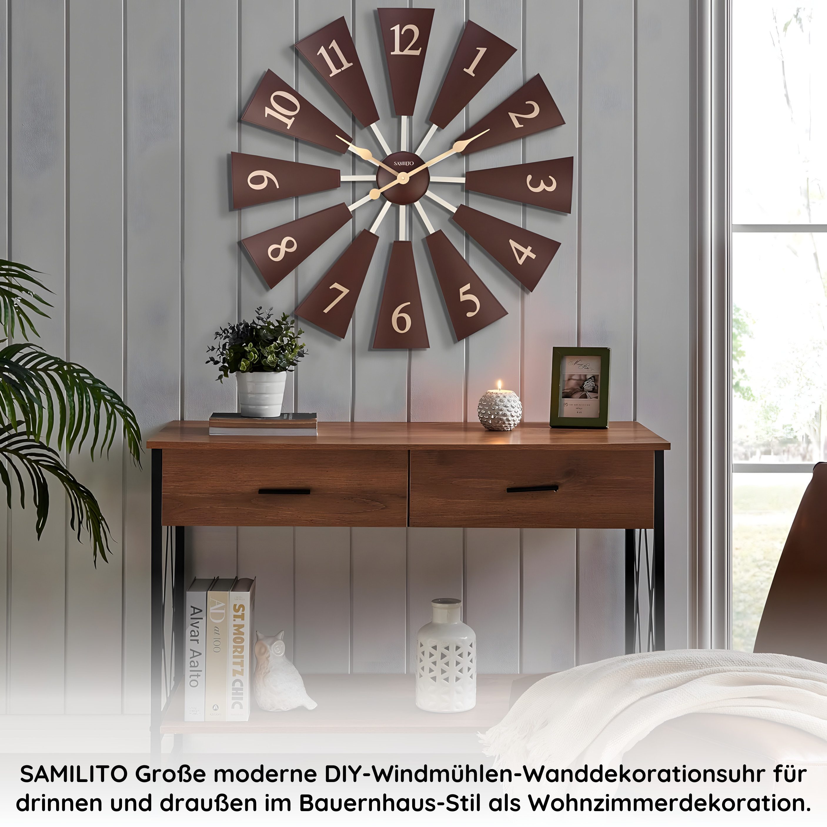 Samilito Wanduhr Große Moderne Bauernhaus-Windmühlen-Dekor-Wanduhr, verstellbare Größe