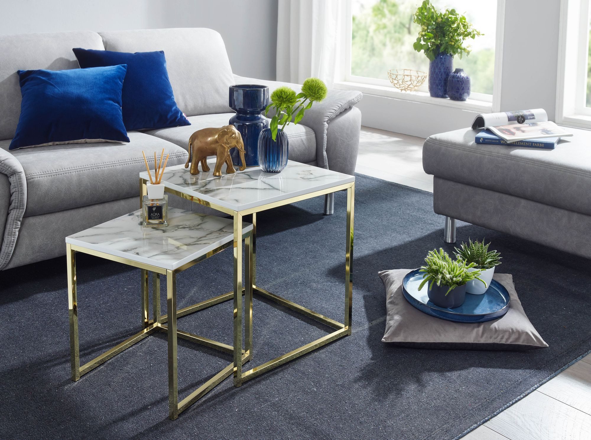 FINEBUY Satztisch Beistelltisch 2er Set Couchtisch Marmor Optik Wohnzimmertisch Eckig (2er Set Weiß Marmor Optik Eckig, Beistelltisch), Couchtisch 2-teilig, Anstelltisch Modern Klein