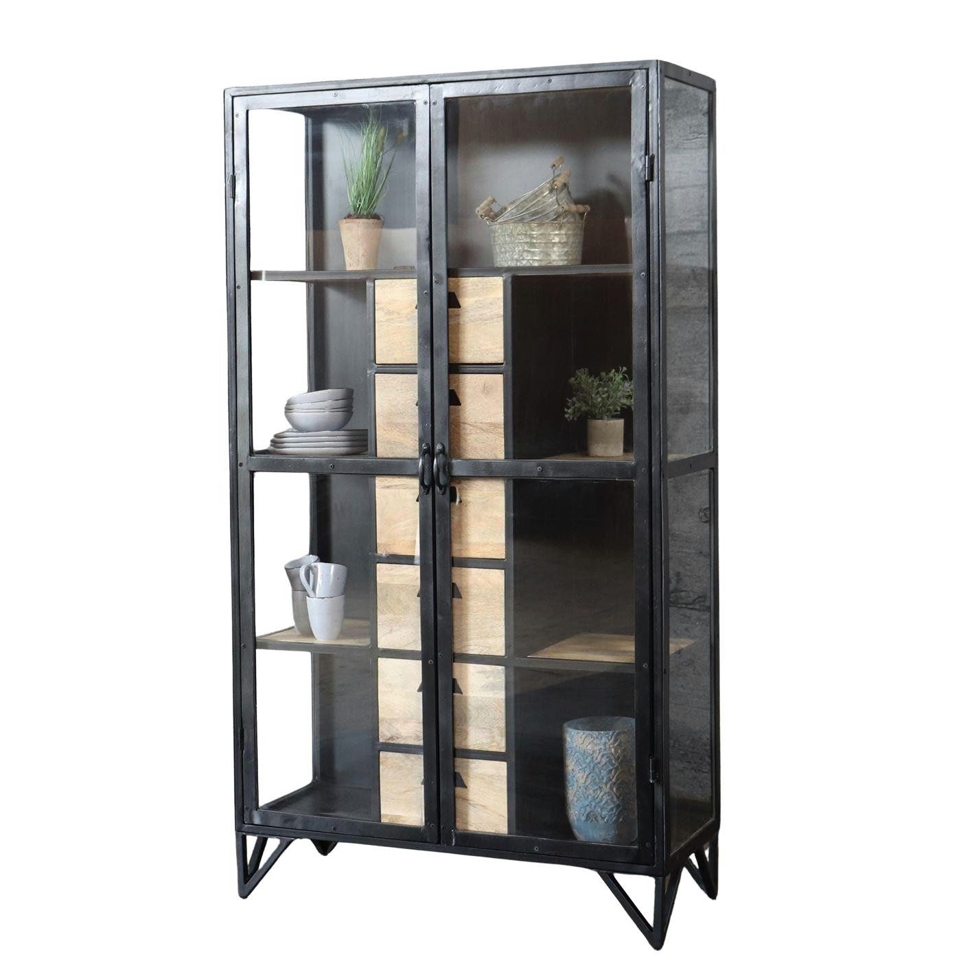 baario Vitrine Glasvitrine BARBAR schwarz Metall Eisen & Mangoholz Industrial Style