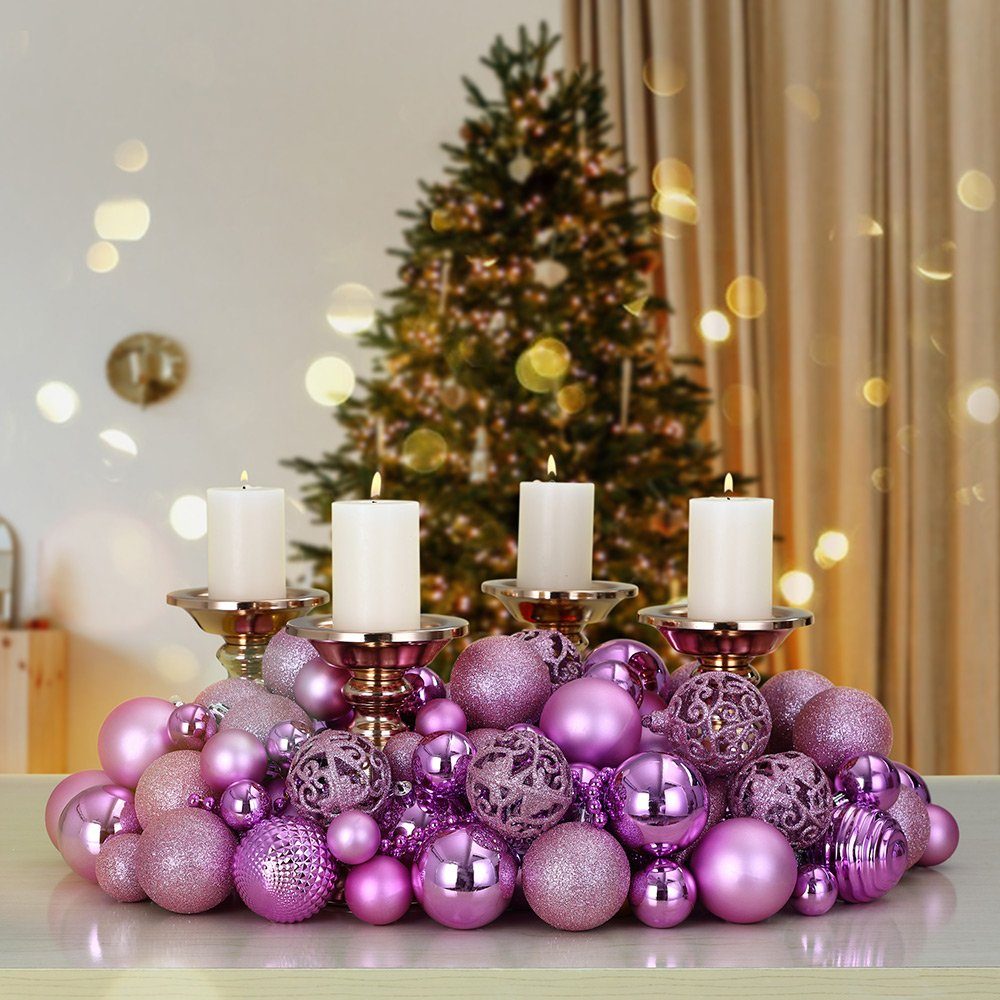 (77 St), glänzend Weihnachtskugeln Set glitzer Deuba Weihnachtsdeko matt 77er Weihnachtsbaumkugel Rosa