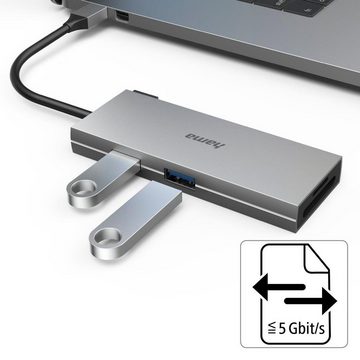 Hama USB-C Multiport Hub Laptop mit 6 Ports, USB-A, USB-C, HDMI, SD microSD USB-Adapter USB-C zu HDMI, SD-Card, USB Typ A, USB Typ C, 15 cm, Laptop Dockingstation, kompakt, robustes Gehäuse, silberfarben