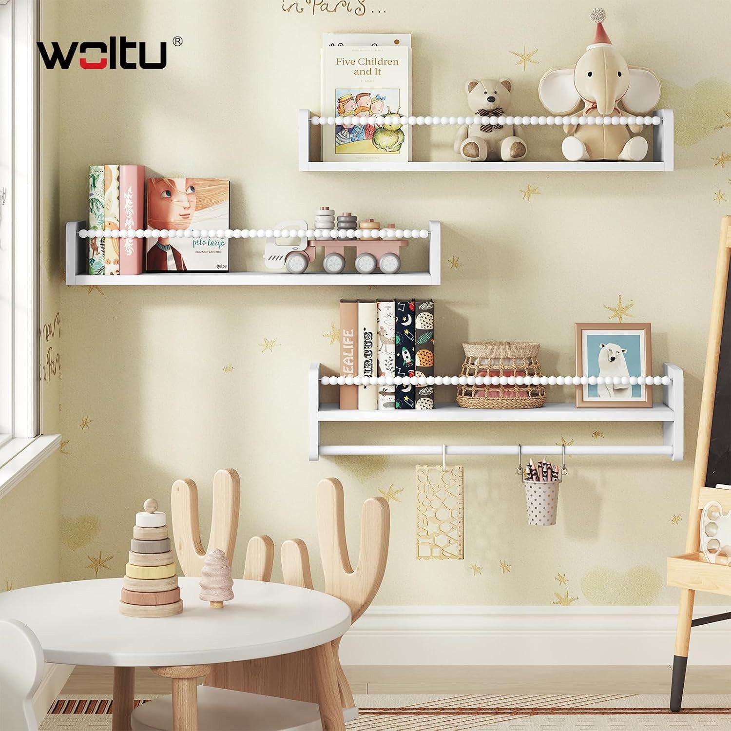 Woltu Kinderregal, 3-tlg., Bücherregal Wand, Montessori Regal, aus Massivholz