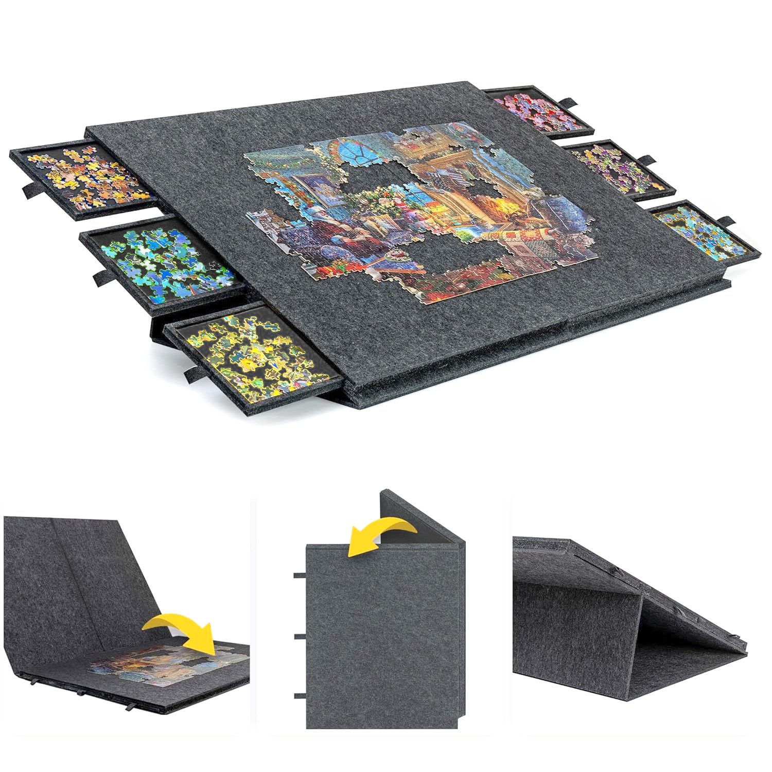OSTWOLKE Puzzleunterlage Neigbares Puzzlebrett aus Filz mit 6 Schubladen 1000/ 2000Teil, 2-in-1 Puzzle-Aufbewahrungsbrett mit Ständer & Abdeckung
