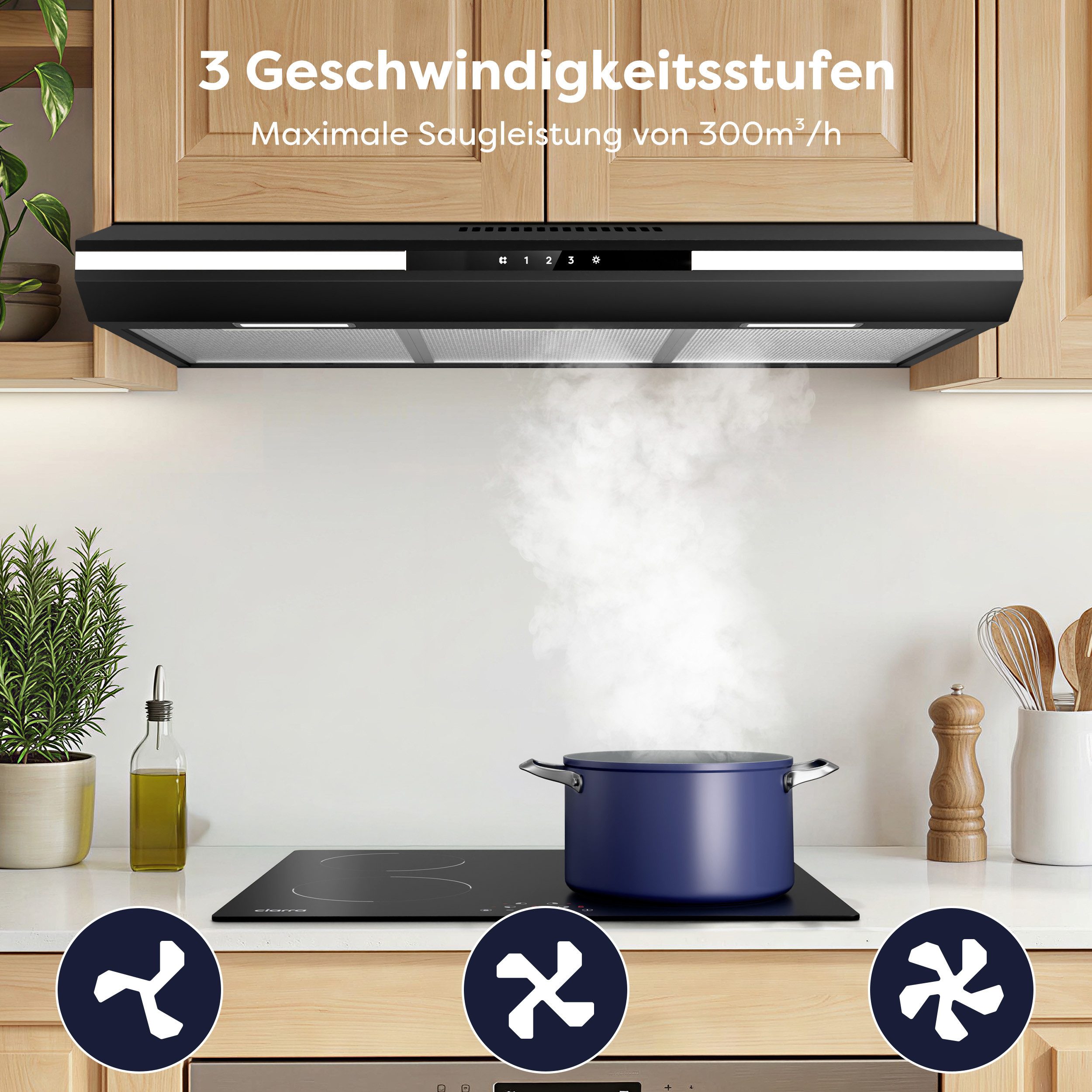 CIARRA Unterbauhaube 90cm Dunstabzugshaube A+ SensorTouch Abluft & Umluft Schwarz VM90921B Serie 90 cm Einbau-Dunstabzugshaube 322 m³/h mit Aktivkohlefilter & 3 – Bild 4 von 5