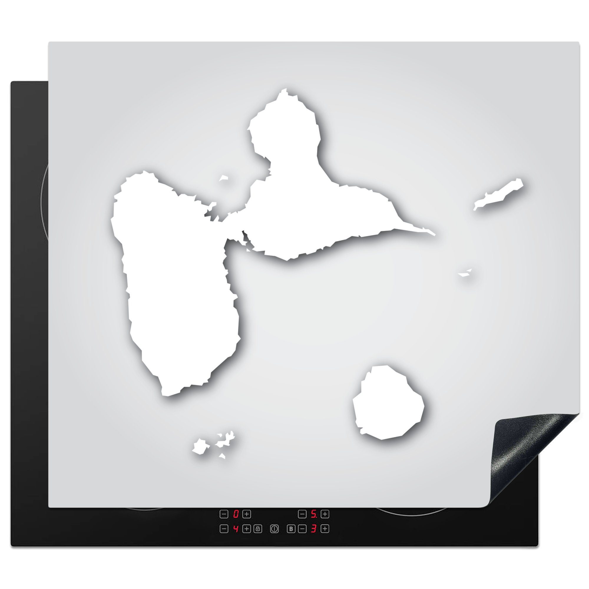 MuchoWow Herdblende-/Abdeckplatte Eine schwarz-weiße Illustration von Guadeloupe auf grauem Hintergrund, Vinyl, (1 tlg), 60x52 cm, Mobile Arbeitsfläche nutzbar, Ceranfeldabdeckung