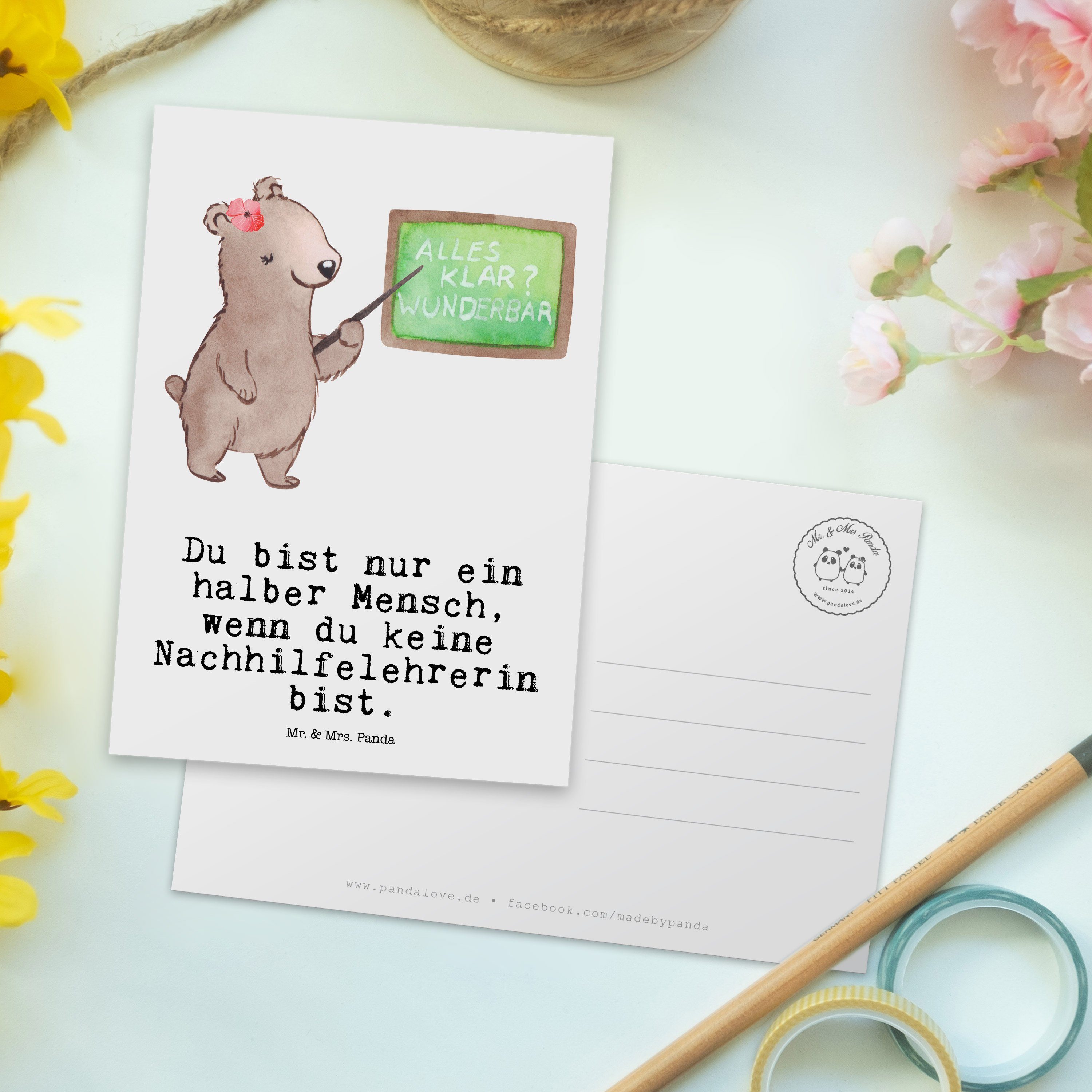 Mr. & Mrs. Panda Postkarte mit Weiß - Geschenk, Nachhilfelehrerin - Grußka Herz Nachhilfeschule