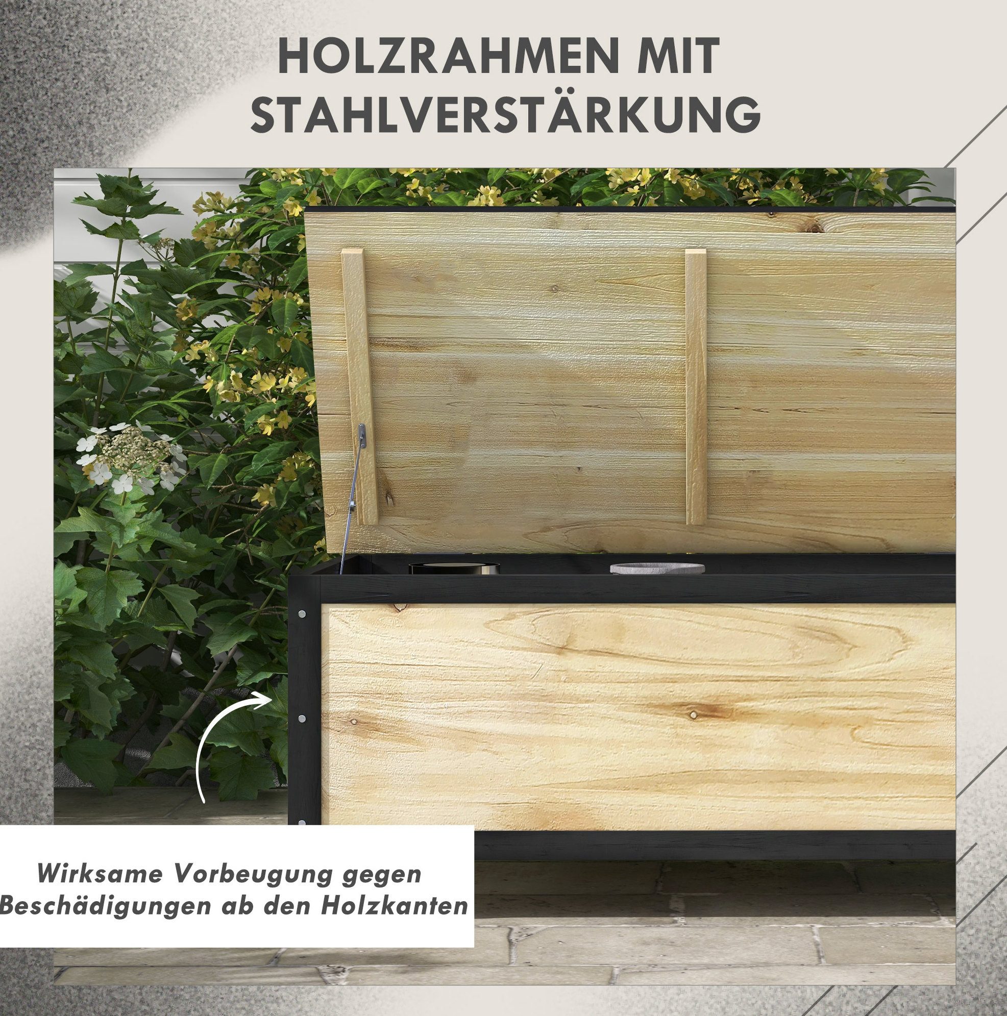 MODFU Gartenbox 100x50x43 cm Holz Auflagenbox 121L mit Rollen Natur (1 St., Kissenbox mit praktischem Stauraum für Outdoor Artikel), Aufbewahrungskiste für Balkon Terrasse Garten Zubehör