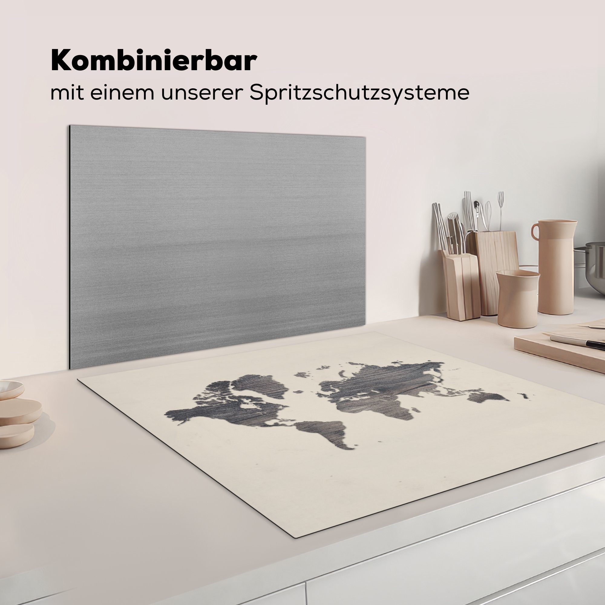 Herdblende-/Abdeckplatte - - Ceranfeldabdeckung, cm, küche tlg), MuchoWow Beige, Arbeitsplatte Vinyl, für (1 Holz Weltkarte 78x78