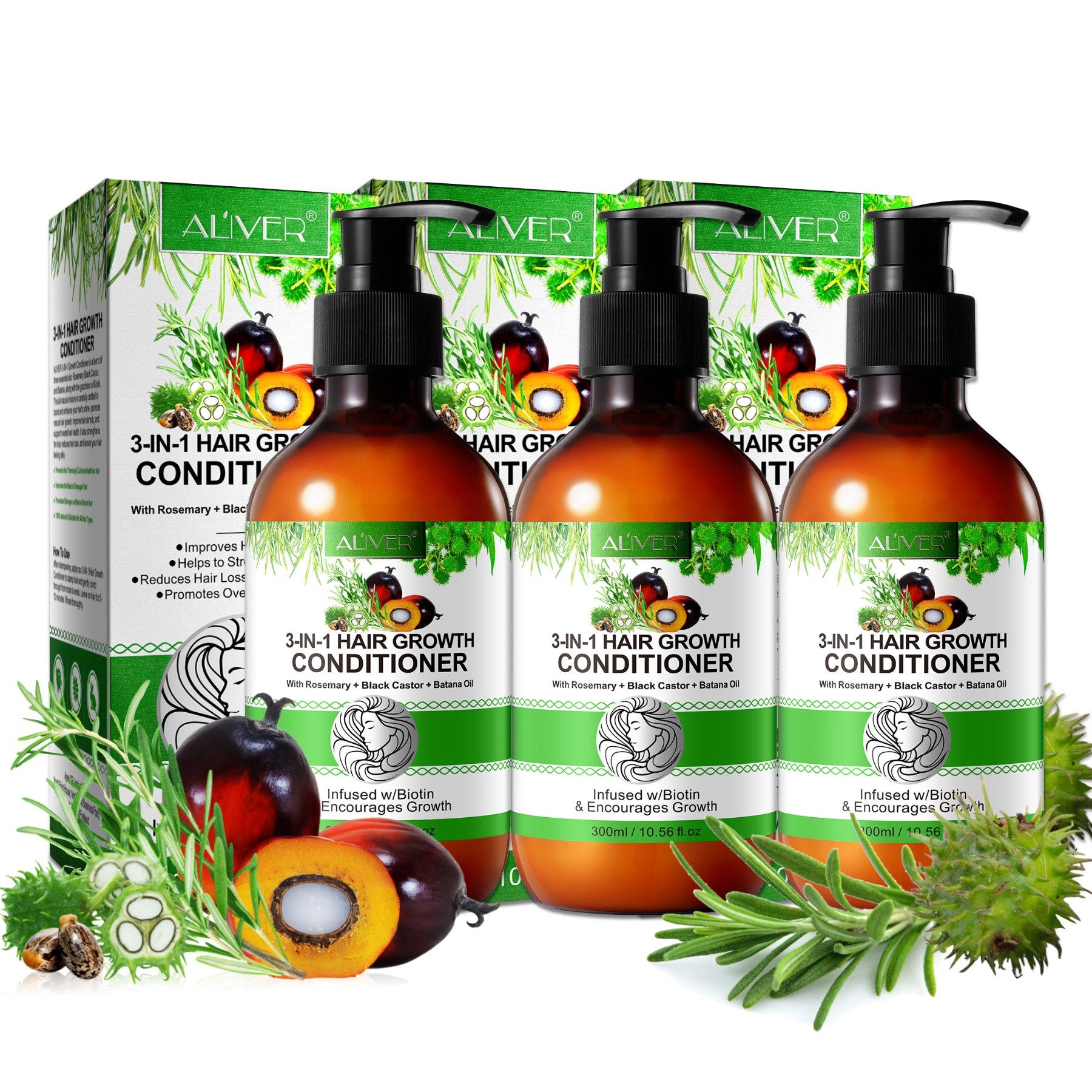 ALIVER Haarspülung Haar Conditioner Haarpflege mit Biotin Rosmarin Rizinus Batana Öl, 3-tlg.