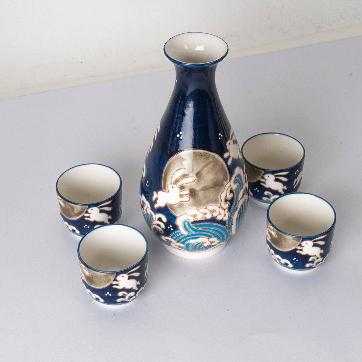 Dark-Desires Schnapsglas Japanisches Sake-Set „Mondkaninchen & Wellen5-teilig Porzellan