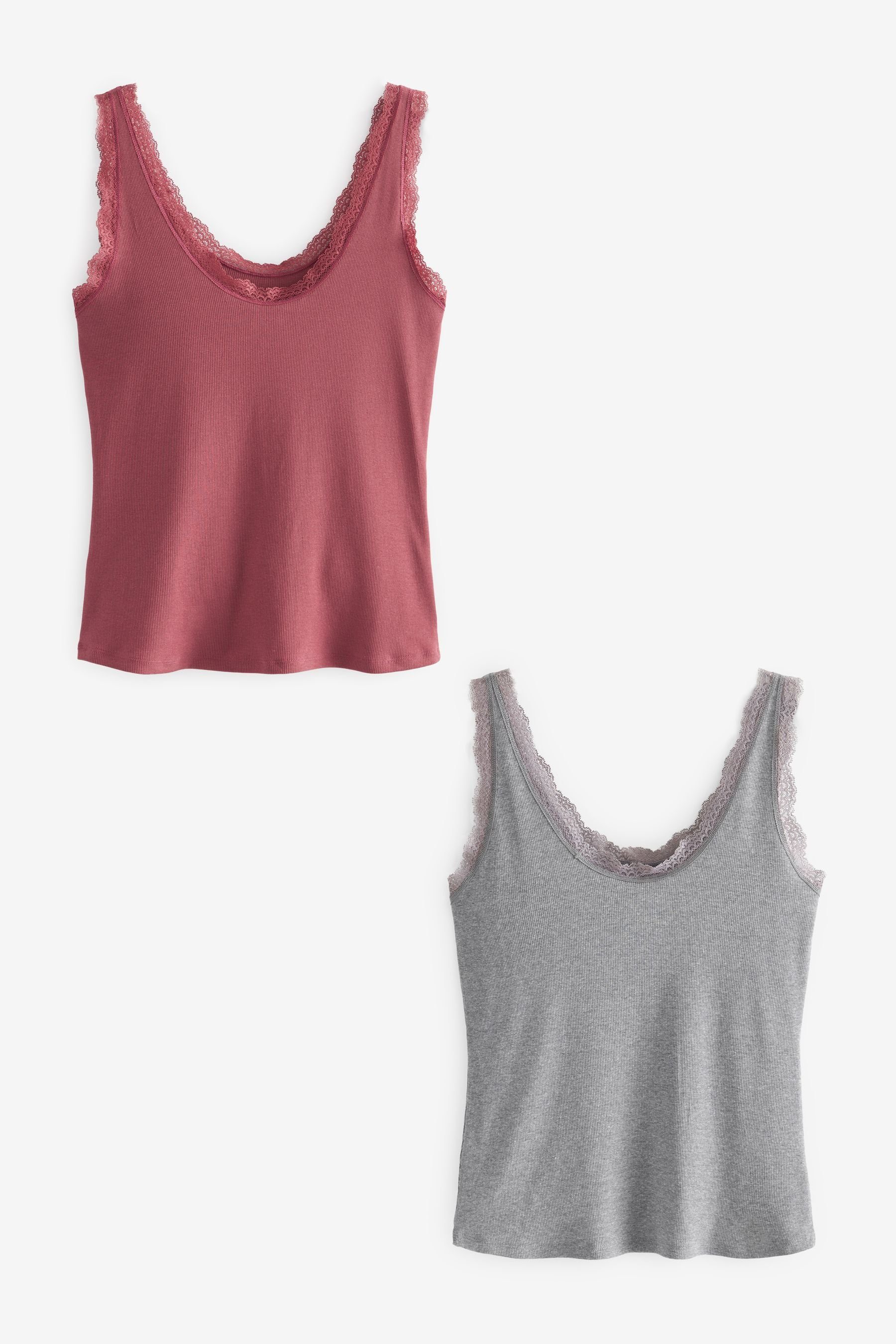 Next Unterhemd Geripptes Trägerhemd mit Spitzenbesatz, 2er-Pack (2-St) Grey/Rose Pink