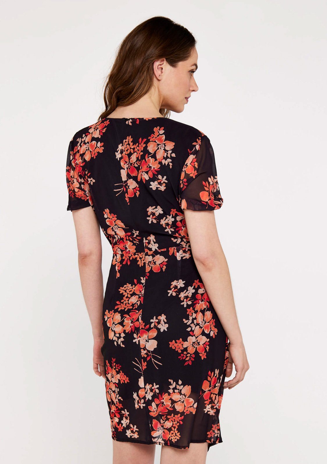 Damen Kleider Apricot Druckkleid Graphic Floral Ruch Front Dress (1-tlg) mit Blumenprint