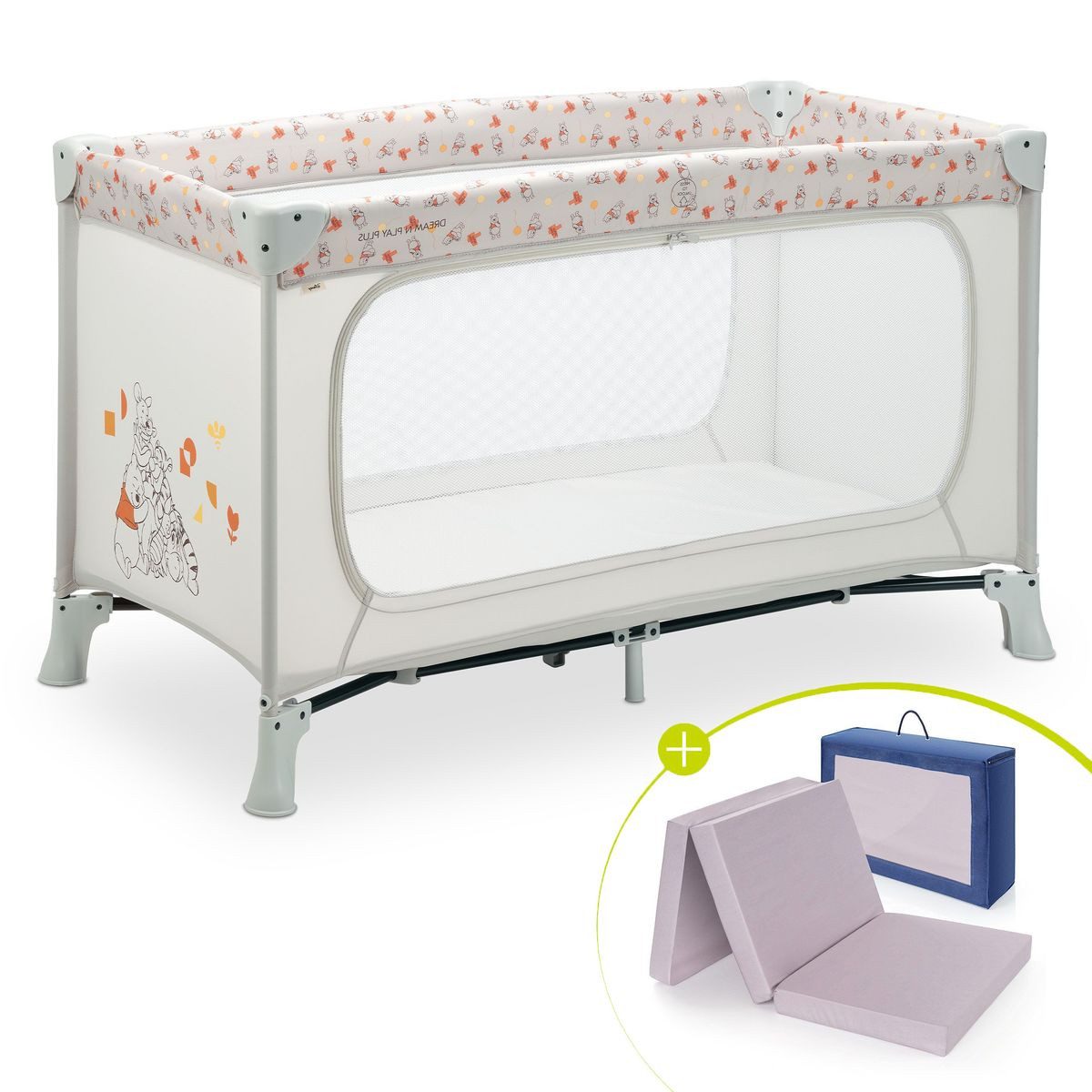 Hauck Baby-Reisebett Dream N Play Plus Set - Disney Pooh Friends - Beig, Kinder Babyreisebett mit großem Eingang, Matratze & Tasche - faltbar