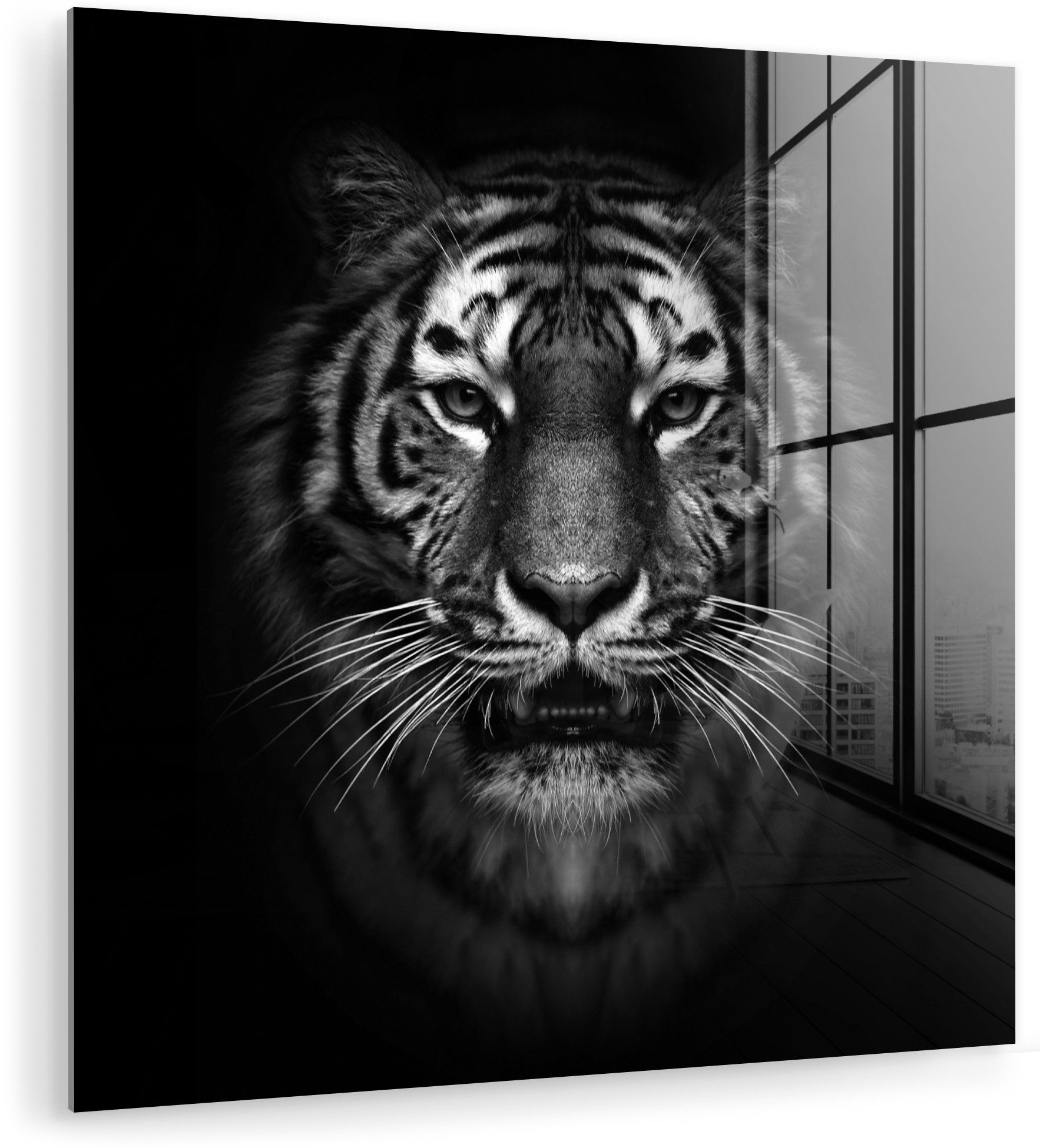 MuchoWow Acrylglasbild Tiger - Tiere - Schwarz - Weiß - Porträt - Wild, Inkl. Aufhängung, Bilder auf Glas Wandbild, Wanddeko Wohnzimmer Badezimmer, 20x20 cm