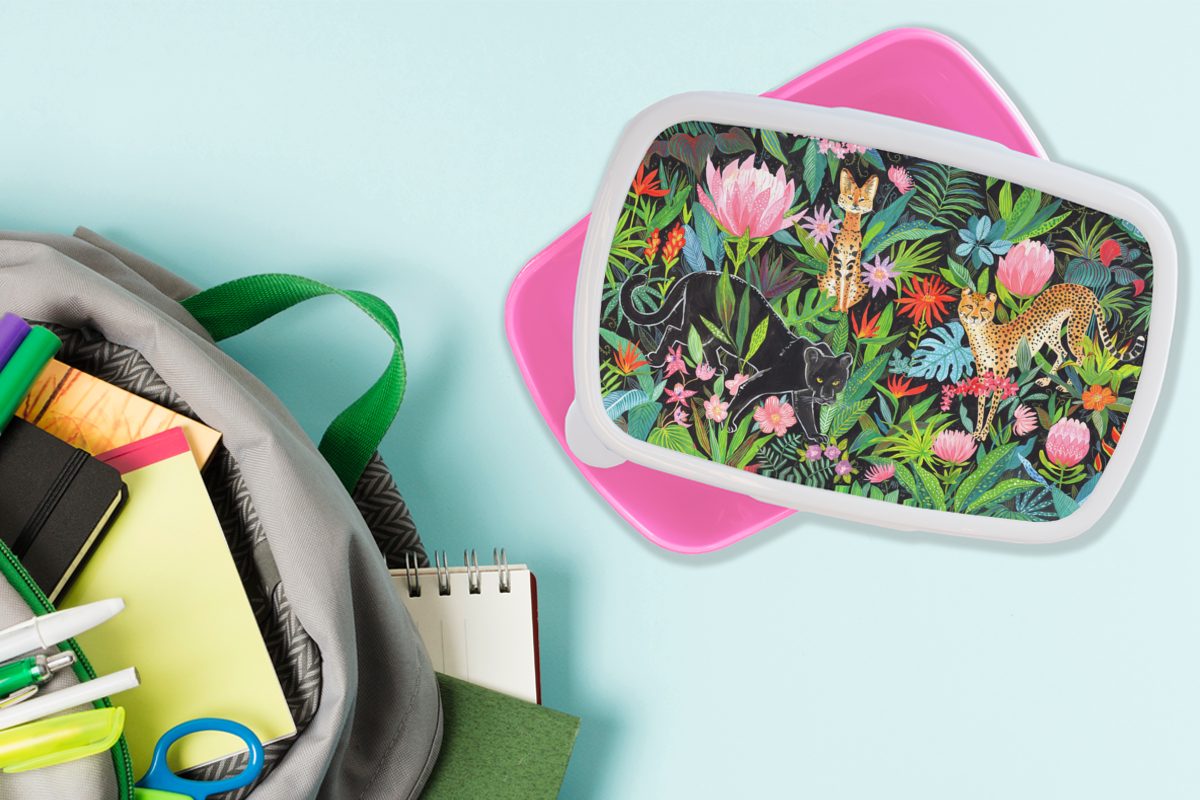 Dschungel Snackbox, - (2-tlg), Kunststoff Brotdose MuchoWow Pflanzen rosa Kinder, Kunststoff, für Erwachsene, - Brotbox Mädchen, Tiere, Lunchbox
