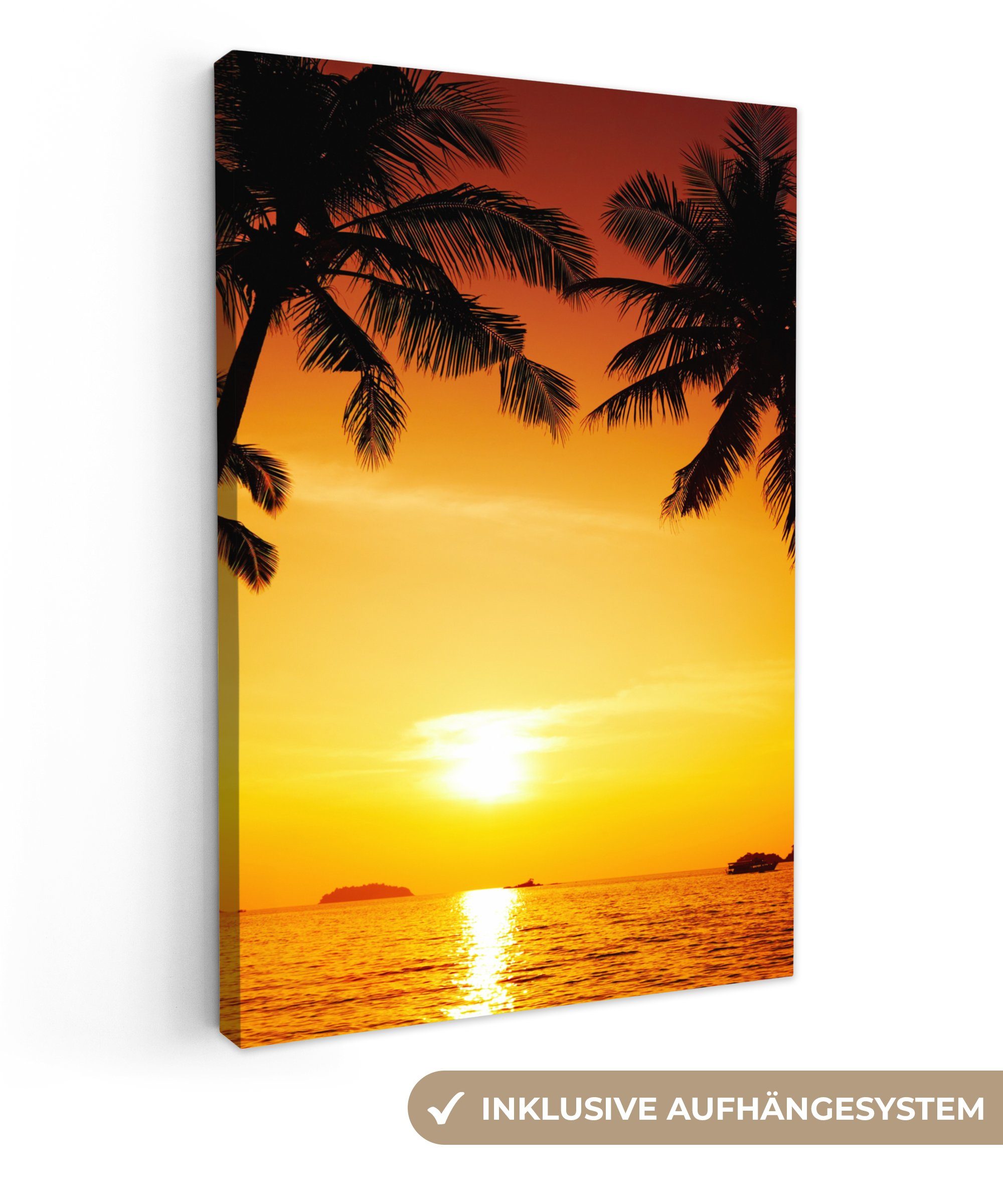 OneMillionCanvasses® Leinwandbild Palme - Sonnenuntergang - Strand - Orange - Tropisch, Fotodruck (1 St), Leinwand Canvas Wandbild, Wanddekoration 20x30 cm