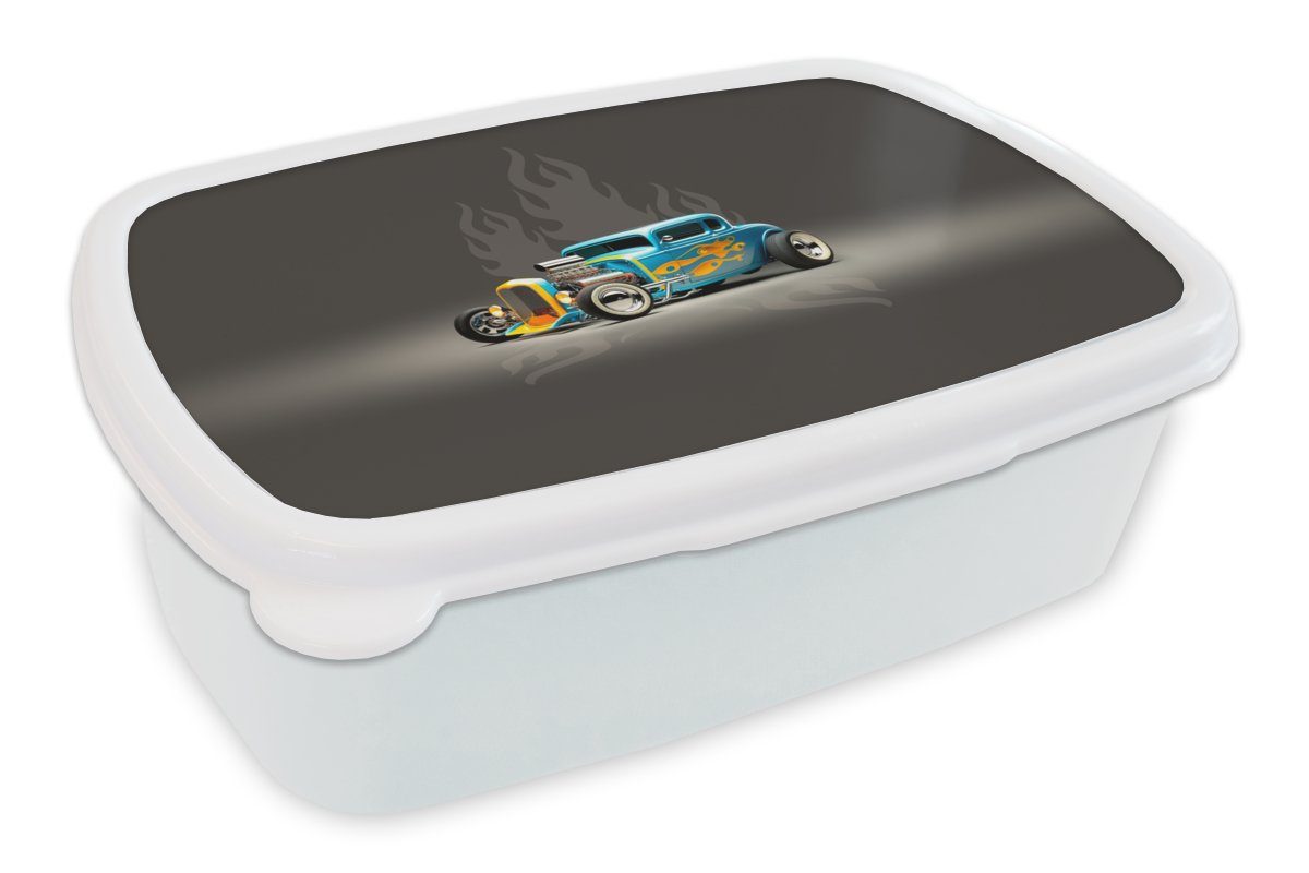 MuchoWow Lunchbox Auto - Oldtimer - Flammen - Blau, Kunststoff, (2-tlg), Brotbox für Kinder und Erwachsene, Brotdose, für Jungs und Mädchen weiß