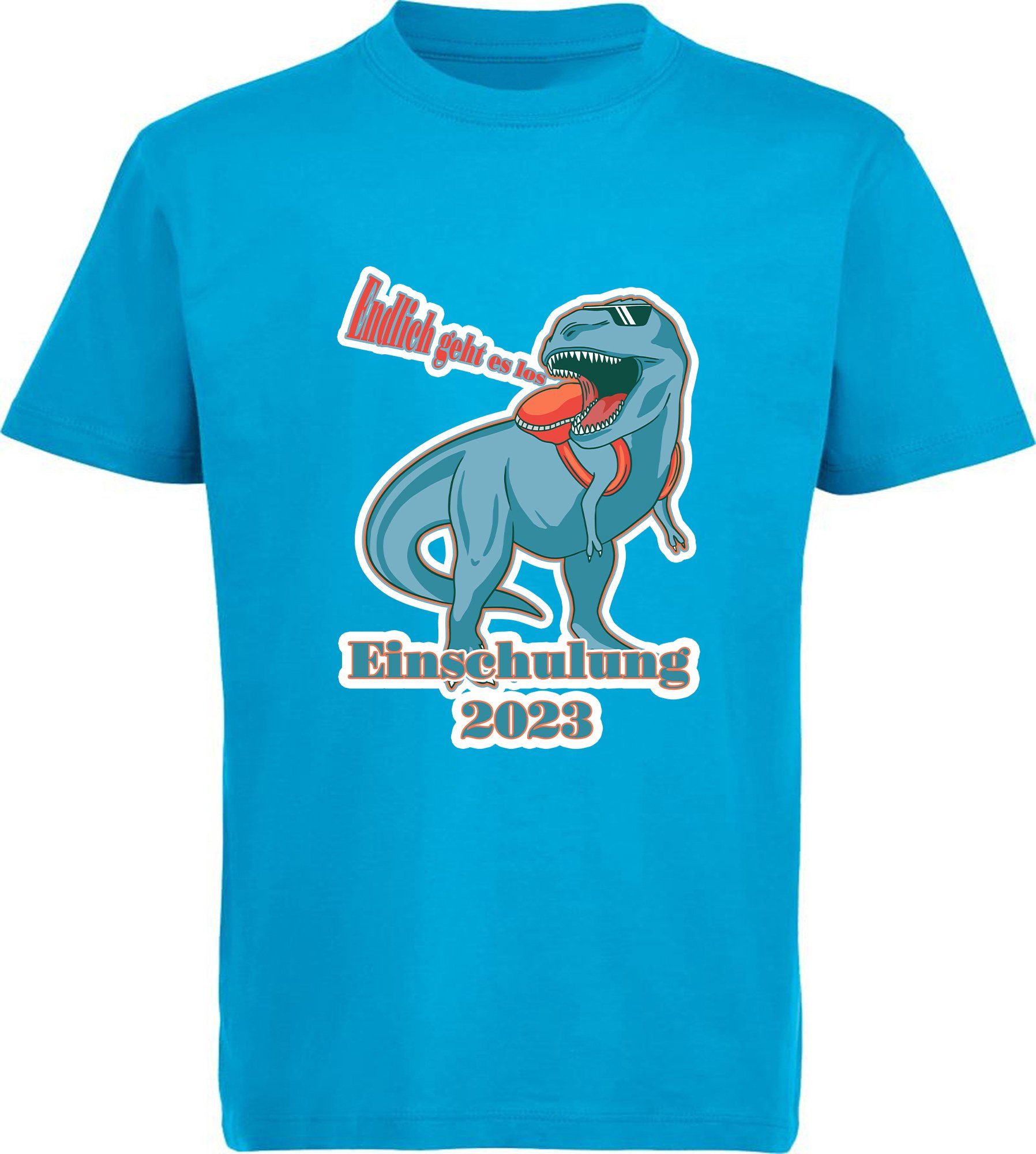 MyDesign24 Print-Shirt bedrucktes Kinder T-Shirt T-Rex - Endlich geht es los Baumwollshirt Einschulung 2023 Aufdruck, schwarz, weiß, rot, blau, i37 aqua blau