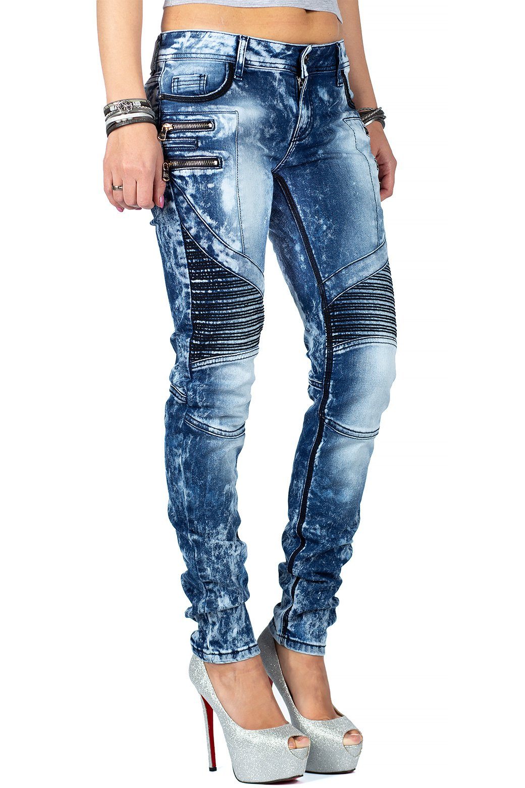 Cipo & Baxx Bikerjeans Damen slim fit Hose Stonewashed BA-WD361 Besondere Strassknöpfe