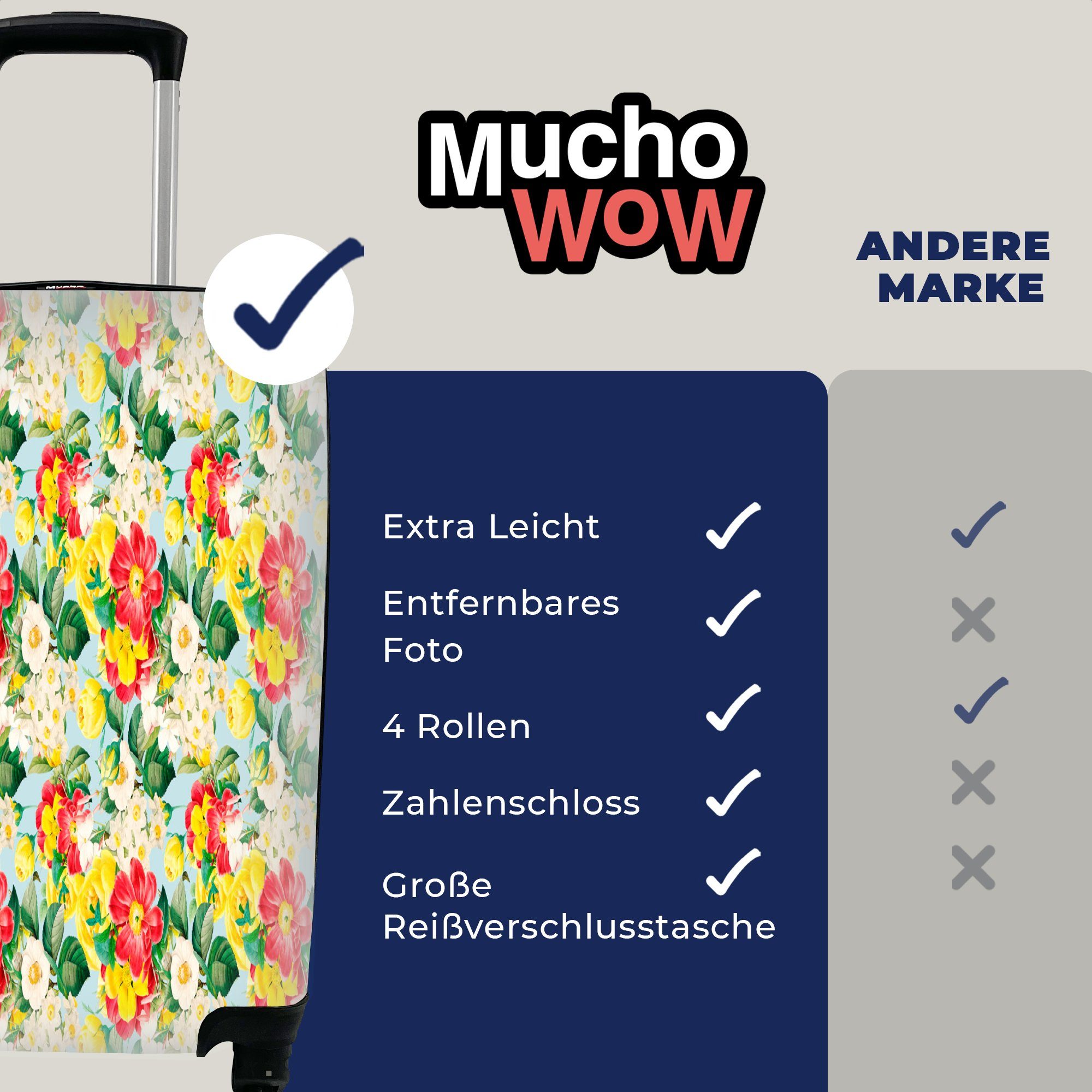 MuchoWow Handgepäckkoffer Blumen - Rosen 4 Reisetasche Reisekoffer - Ferien, Rollen, Farben mit Muster, rollen, - für Handgepäck Trolley