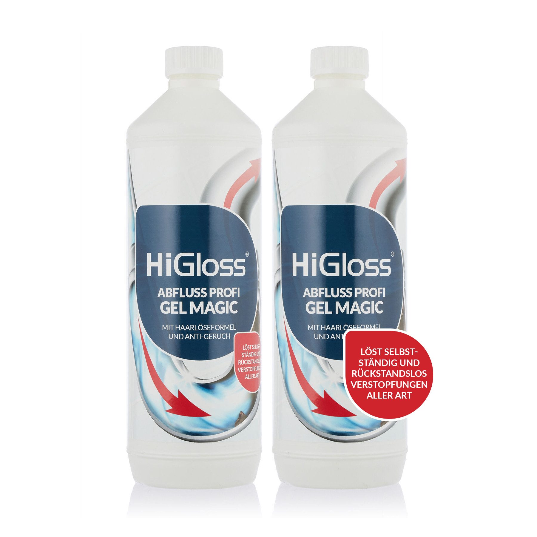 HiGloss Hochalkalischer Rohr- und Abflussreiniger "Abfluss Gel Magic" Badreiniger (2x1l beseitigt effektiv Verstopfungen, mit Haarlöseformel für die Dusche)