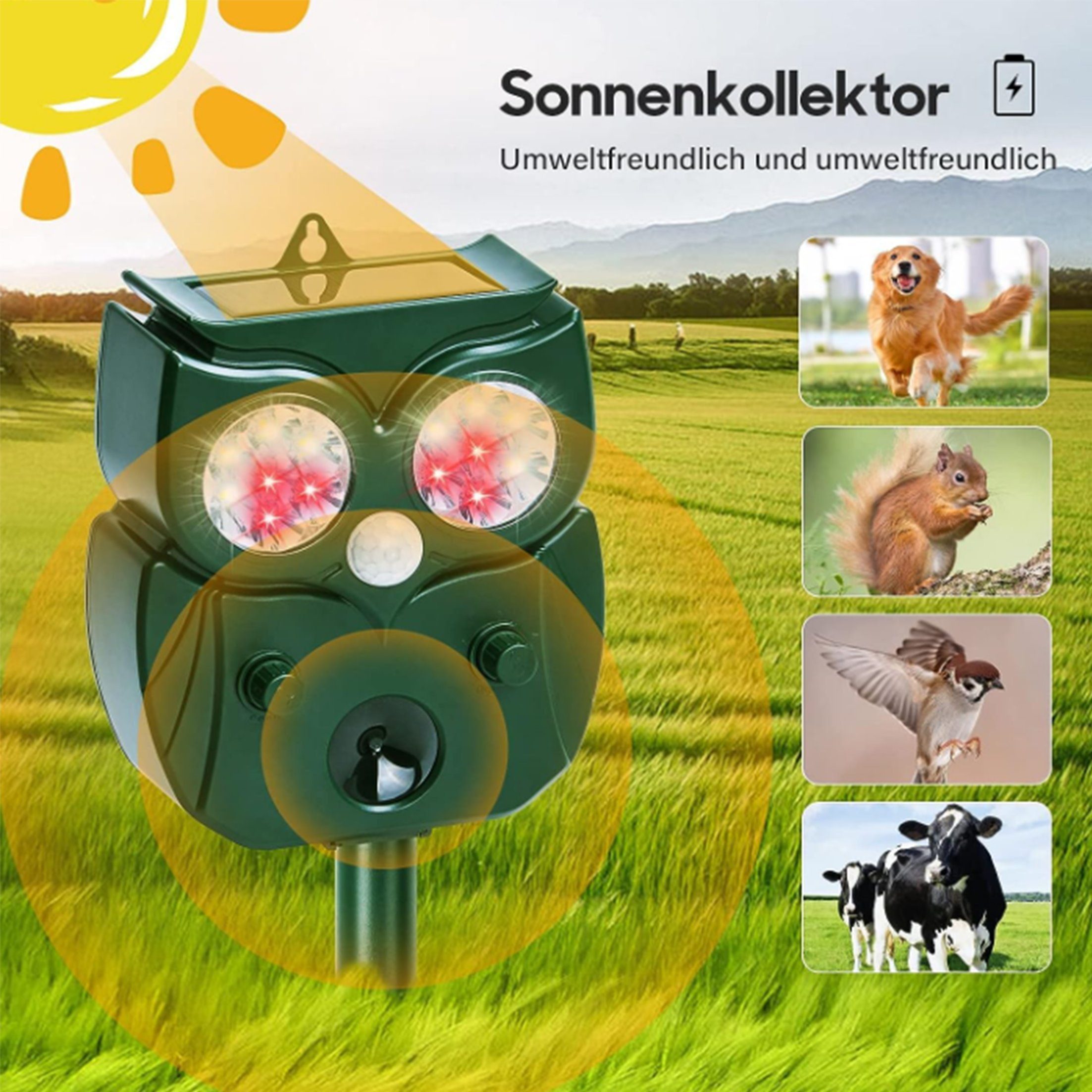 feinlux Ultraschall-Tierabwehr Ultraschall-Tierabwehr Mausabwehr, set 8-tlg., Rote und weiße LED + USB-Aufladung + Solaraufladung, Solarbetrieben Große Reichweite Empfindlichkeit