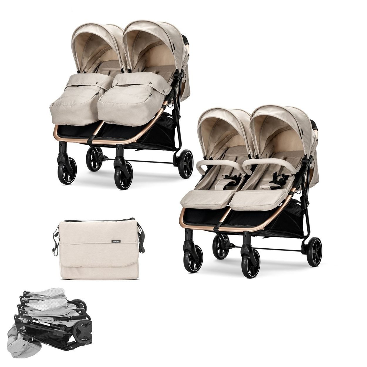 LORELLI Zwillings-Kombikinderwagen Duo, Aluminium, 5-Punkt-Gurt, Wickeltasche, Fußabdeckung, Sonnendach