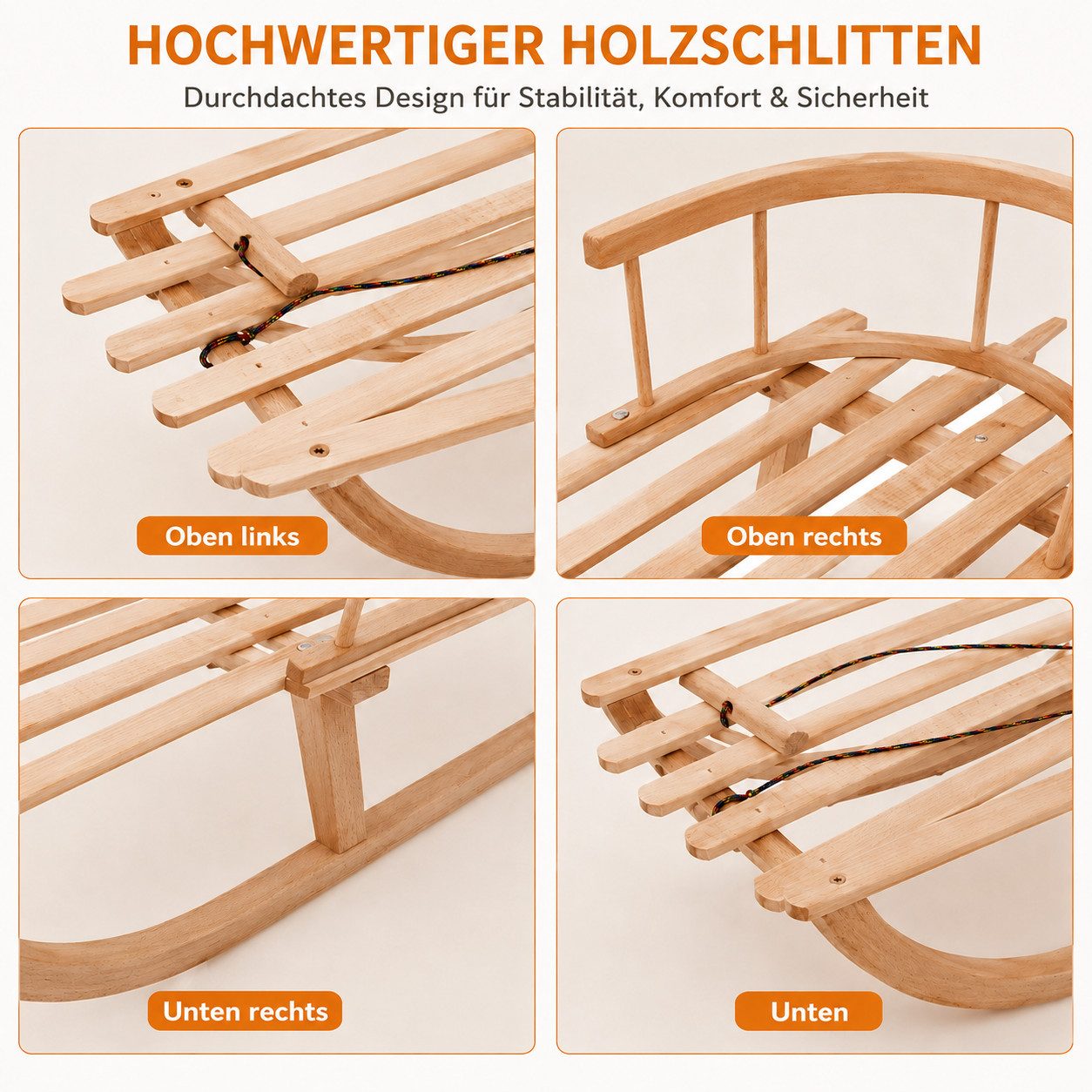 Best for Kids Schlitten Kinder Holzschlitten mit Rückenlehne Buche Eiche (Kinderschlitten, 1-tlg., mit Rückenlehne und Zugleine), 88 x 32 x 39 cm (L x B x H)