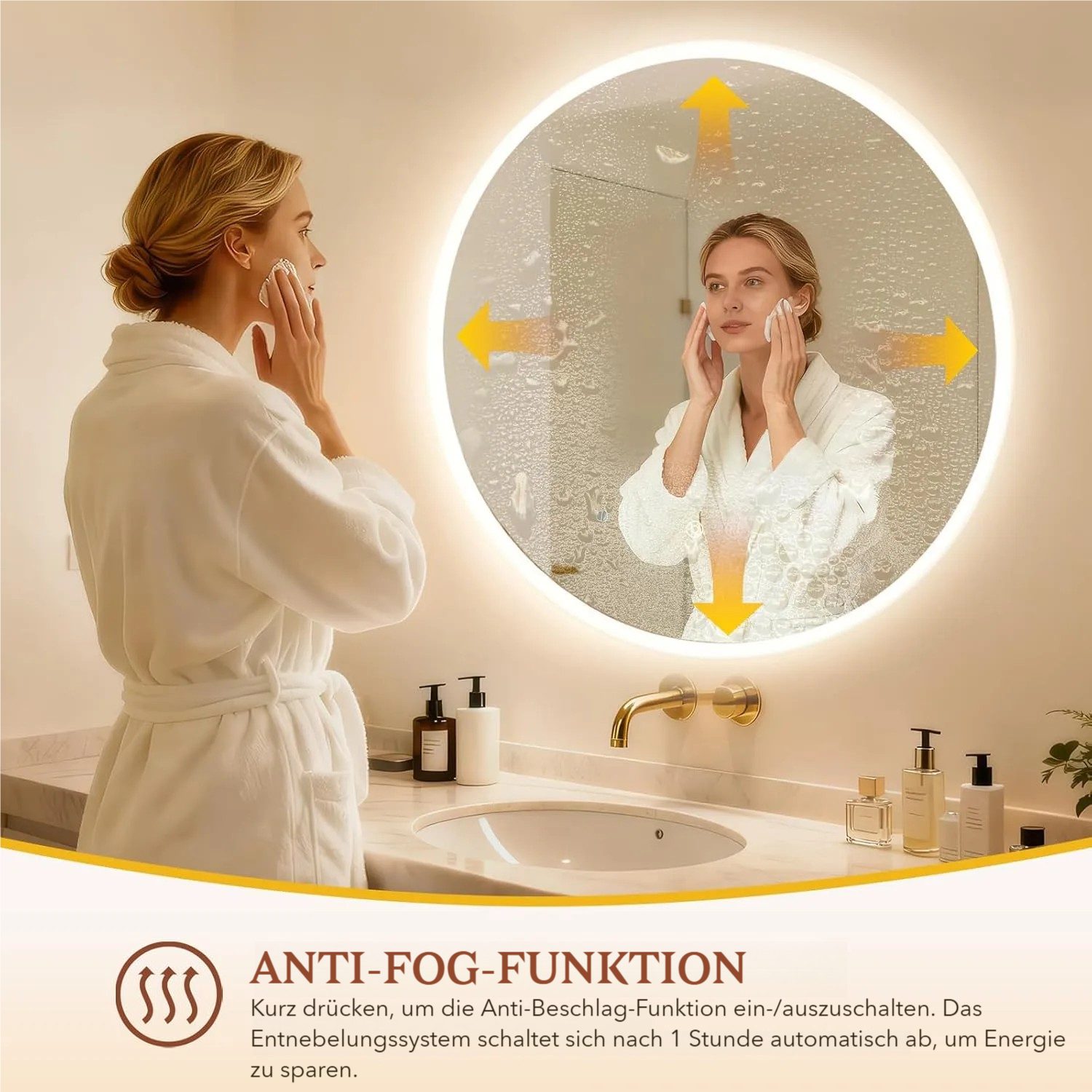 TLGREEN Badspiegel Rund mit Beleuchtung,LED Spiegel mit 3 Lichtfarben dimmbar, (gehärtetes Glas und mattierter Rand, Touch-Schalter, Memory-Funktion, Beschlagfr – Bild 4 von 5