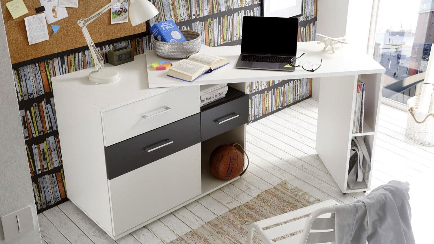 Bega Consult Schreibtisch Winkelschreibtisch Madrid weiß grau Eckschreibtisch rollbar