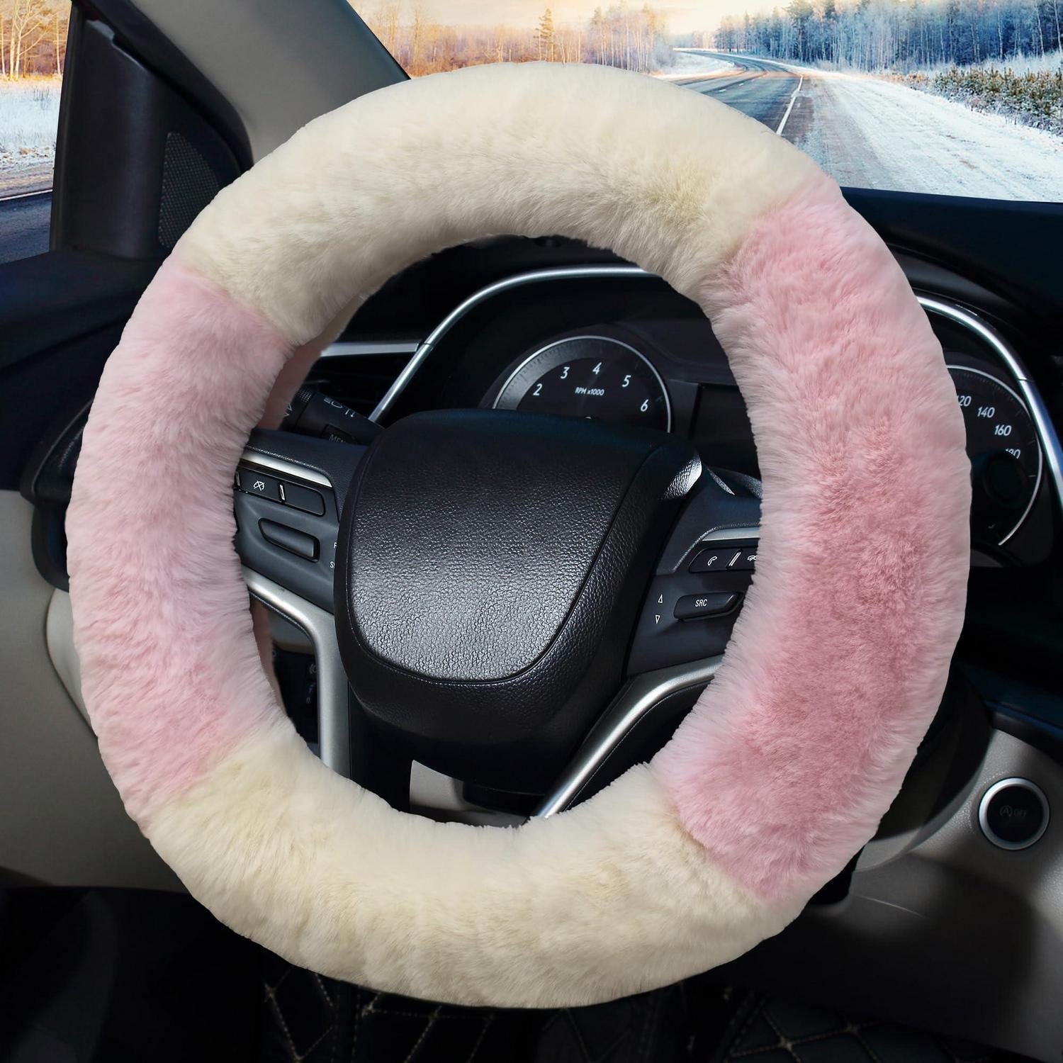 LuxusKollektion Lenkradbezug Lenkradbezug Fell Plüsch Winter 36-39cm atmungsaktiv Rosa Weiß