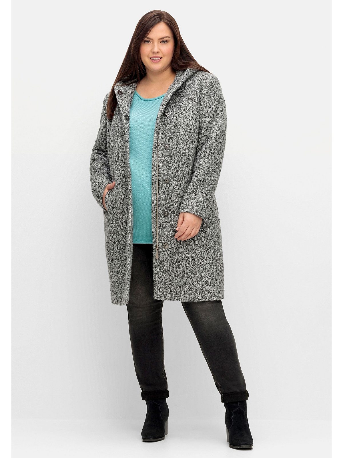 Sheego Kurzmantel Große Größen mit Kapuze, melierte Curly-Optik