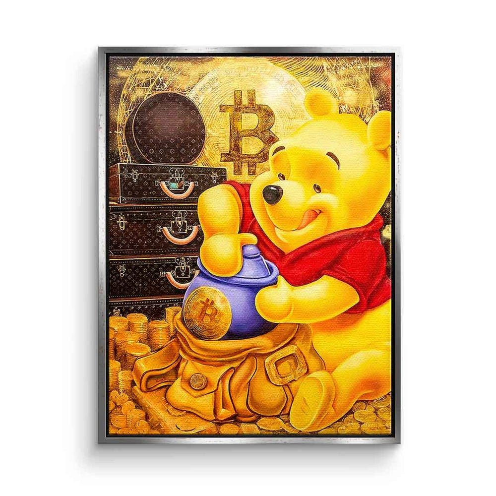 DOTCOMCANVAS® Leinwandbild Bitcoin Bear, Leinwandbild Bitcoin crypto Pu der Bär Winnie-the-Pooh Comic Pop Art silberner Rahmen