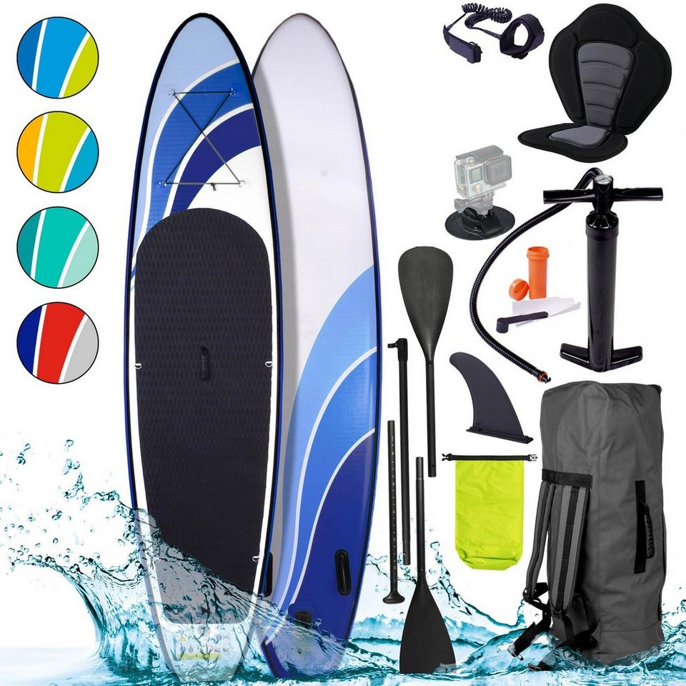 BRAST SUP-Board Wave Design Aufblasbares Stand up Paddle Set 300-365cm, (5  Jahre Garantie inkl. Sonderzubehör, 2in1 Paddel Kajak-Sitz  Action-Cam-Halterung), Fußschlaufe Paddel Pumpe Rucksack