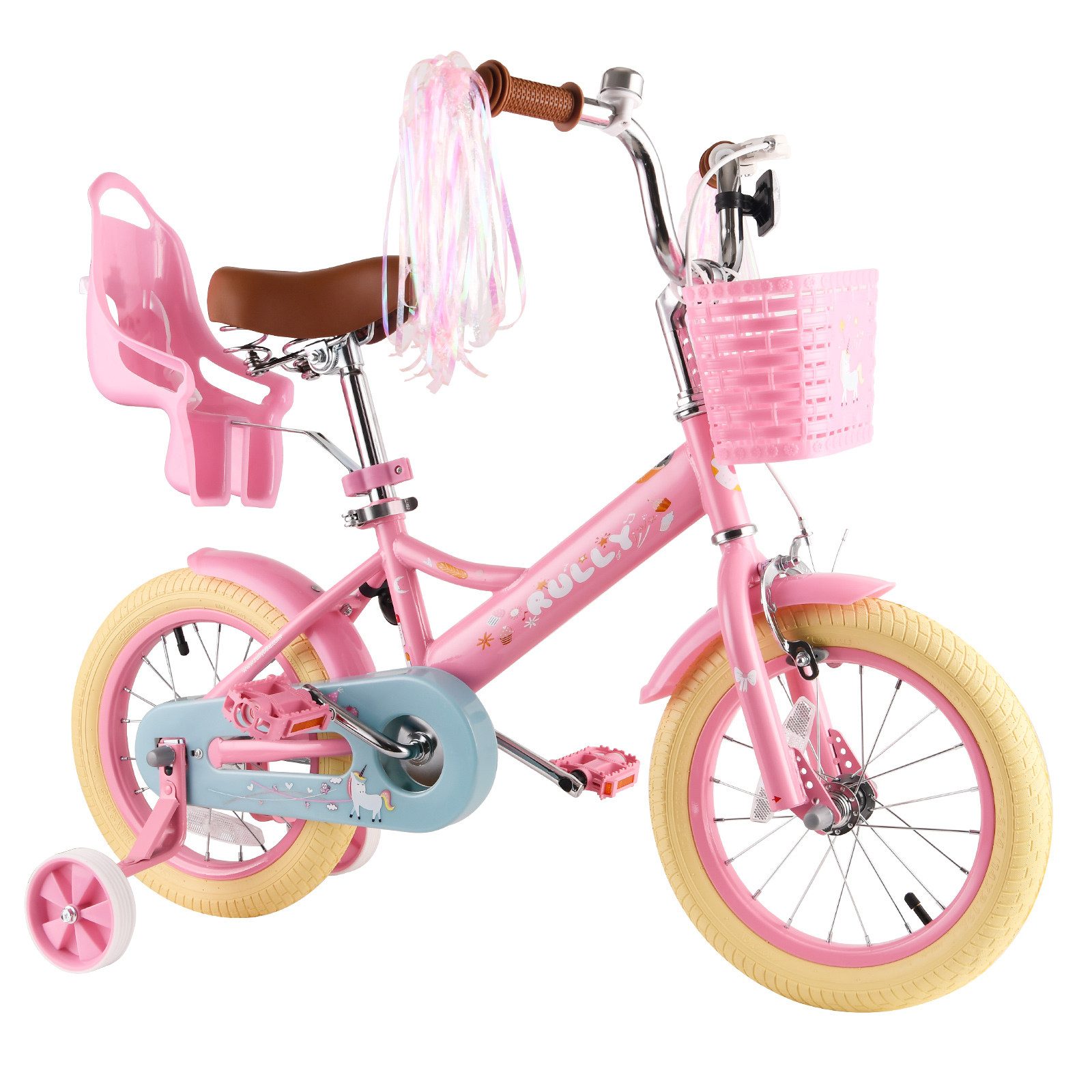 Vankel Kinderfahrrad 12/14/16 Zoll mit Stützrädern, 1 Gang, Für Mädchen 2–7 Jahre mit Korb & Puppensitz