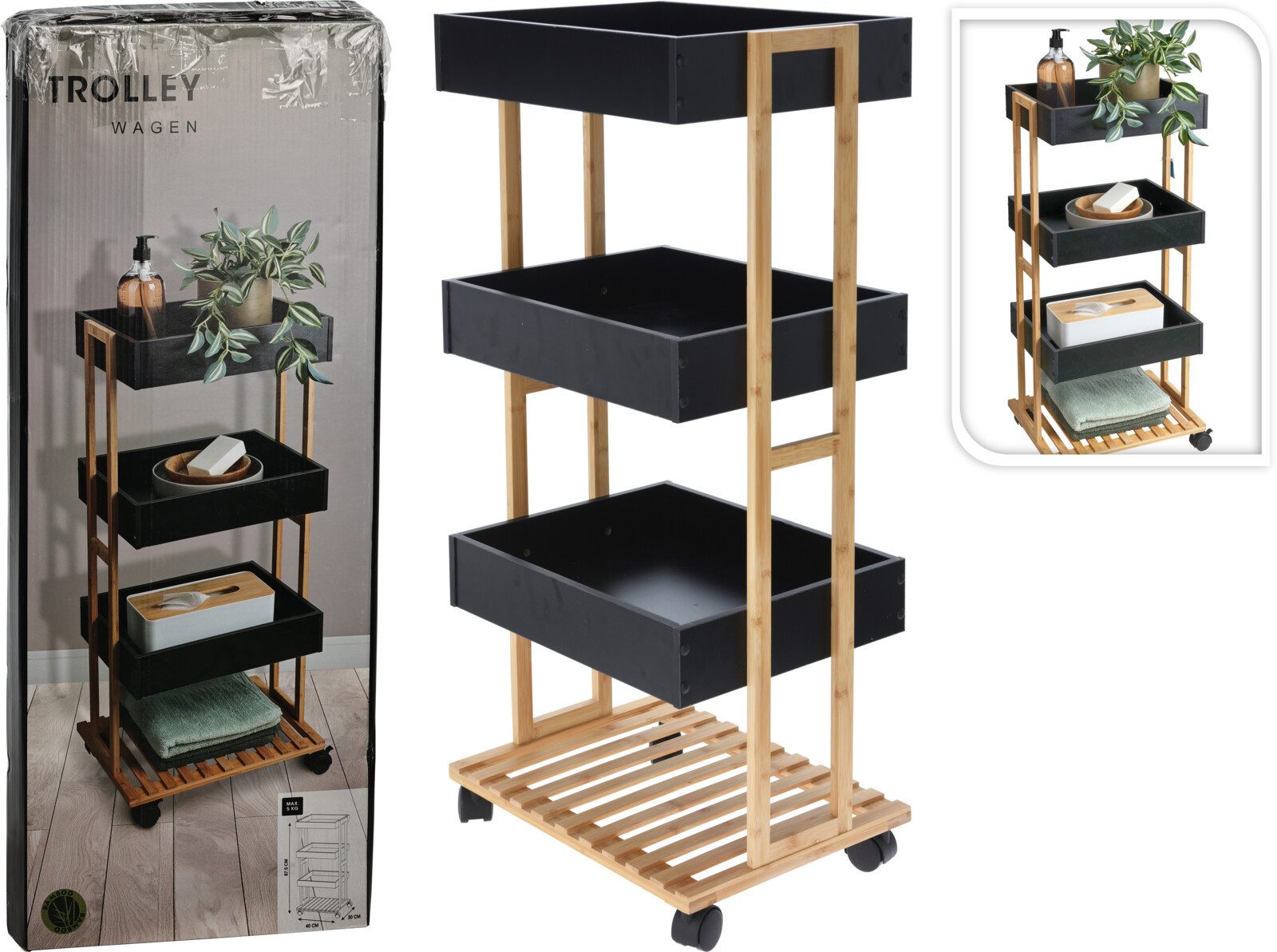 Koopman Badregal Rollwagen Etagenregal Bambus 84cm Schwarz Ablage Bad, 1-tl günstig online kaufen