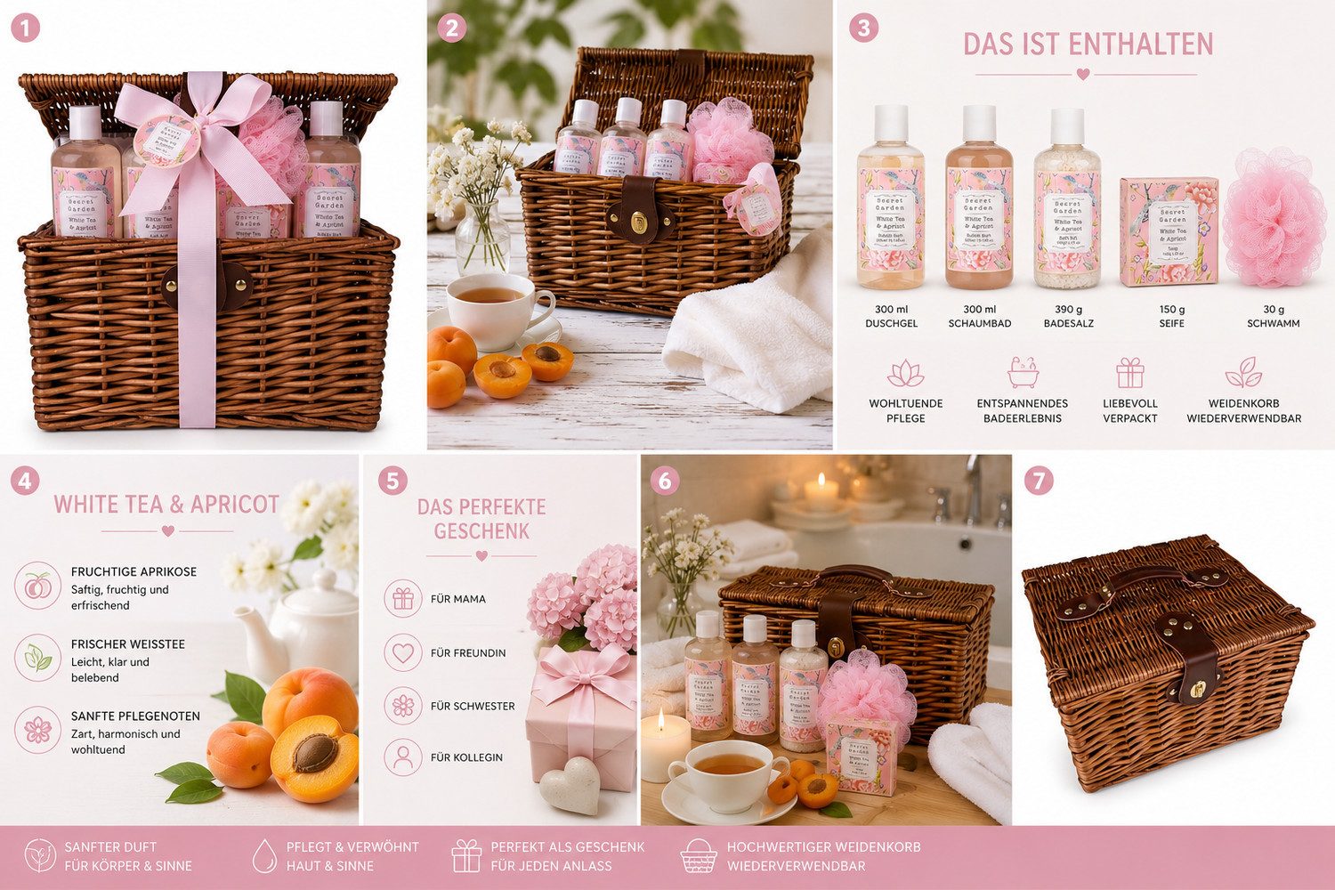 ACCENTRA Hautreinigungs-Set SECRET GARDEN 1170 ml, 5-tlg., Geschenkset – Pflegeset im Weidenkorb, White Tea & Apricot