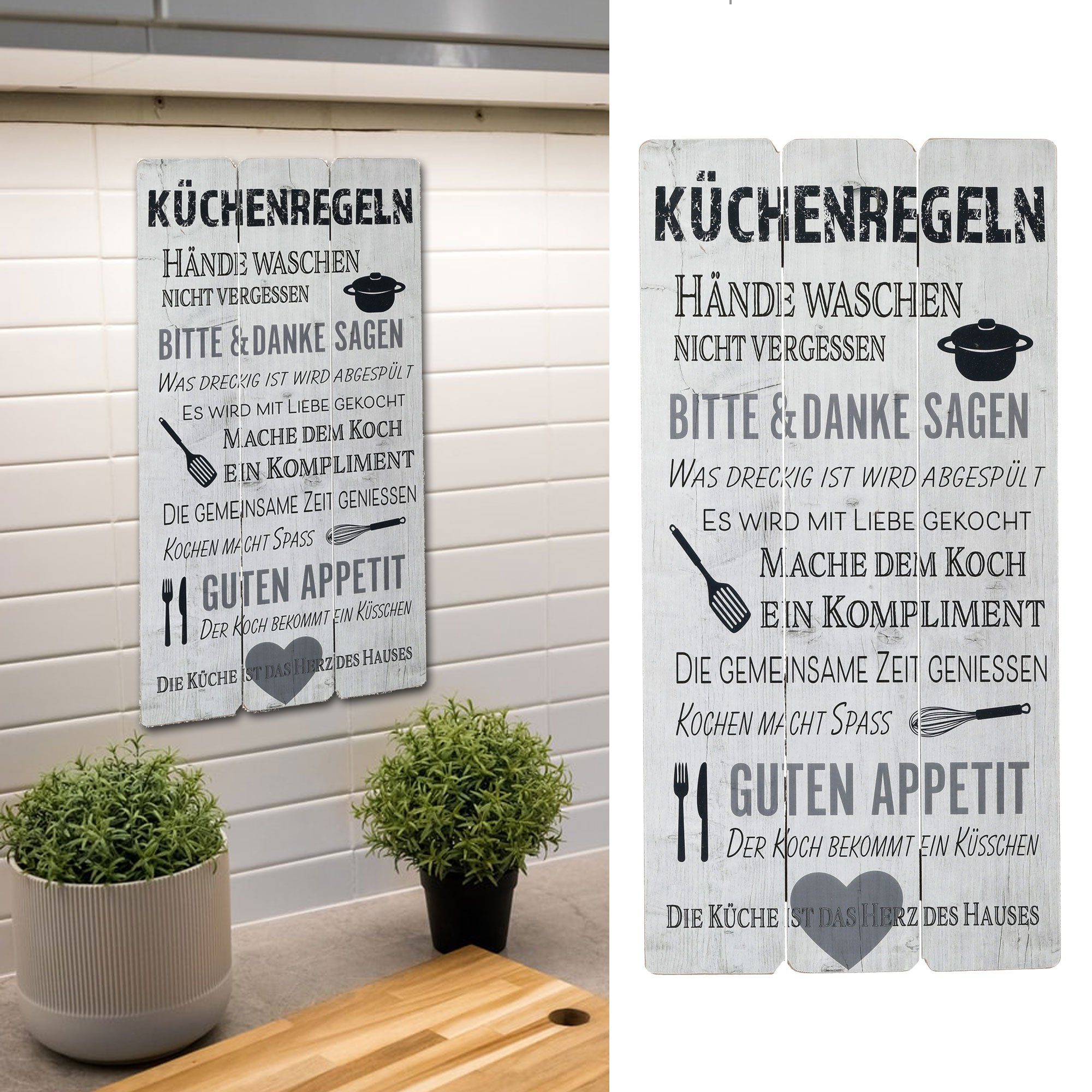 CEPEWA Kunstdruck Plankenschild Wandbild weiß Shabby Küchenregeln, Küchenregeln weiß