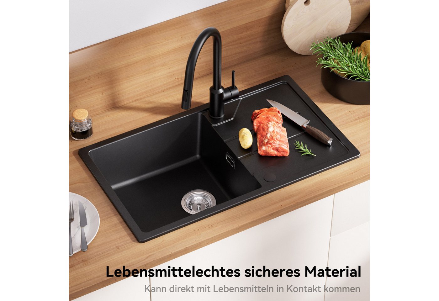 Thumbnail - DERW MAX Granitspüle Granit Küchenspüle 78 x 45 cm Spülbecken Einbauspüle + Küchenarmatur, Spültischarmatur mit Ausziehb...